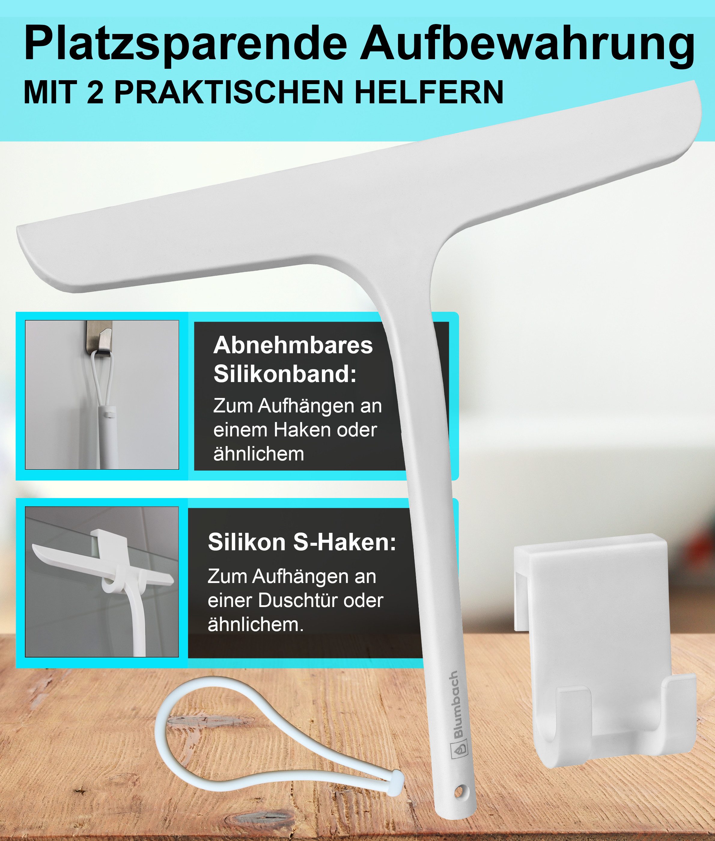 Blumbach Duschabzieher - Silikon Abzieher mit Edelstahlkern, elastisches Wischblatt 28 cm, (Abzieher Dusche mit 2 Halterungen), Premium Duschabzieher 28 cm – Bild 4 von 5