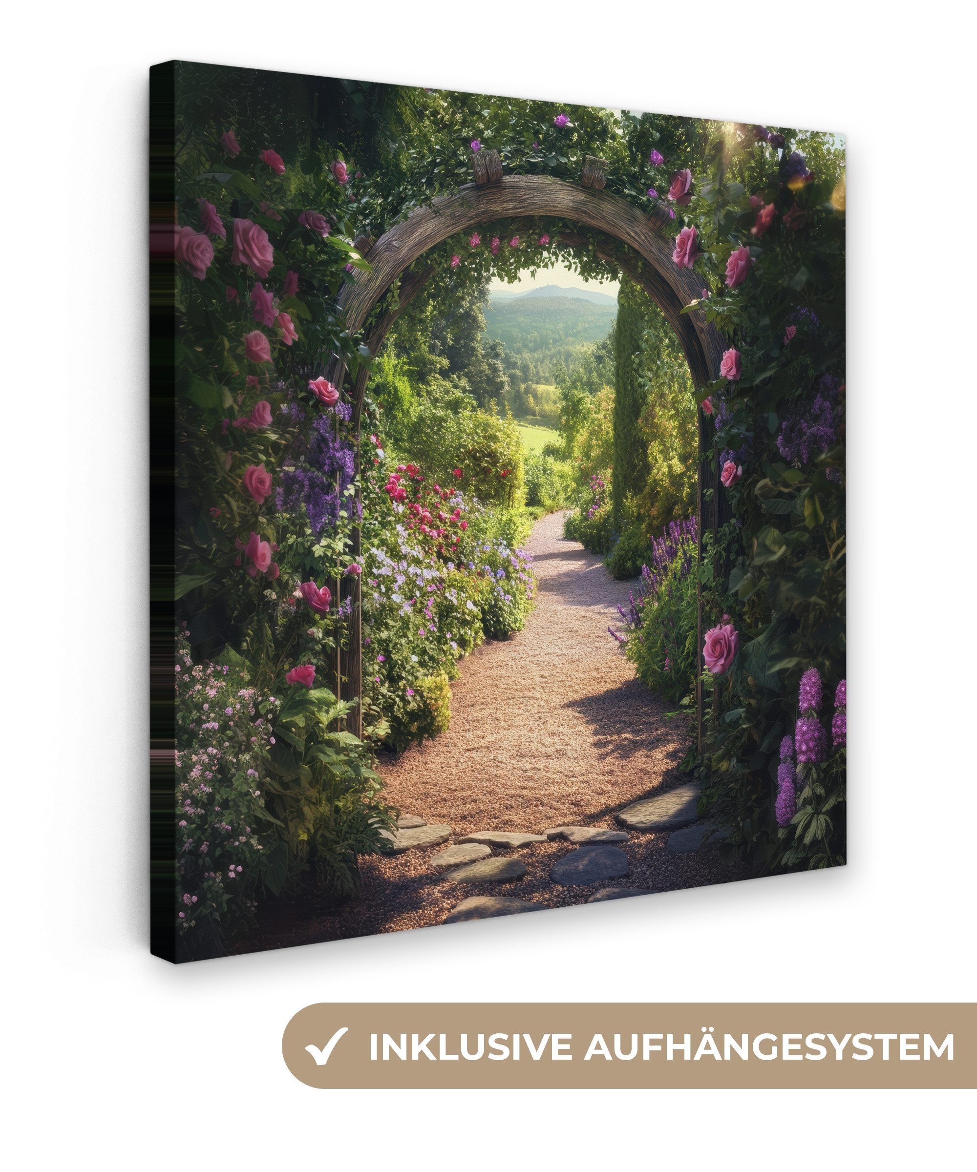 OneMillionCanvasses® Leinwandbild Fensterblick - Fenster - Blumen - Natur - Rosenbogen, Fotodruck (1 St), Wandbild, Deko Schlafzimmer Wohnzimmer Flur 20x20 cm