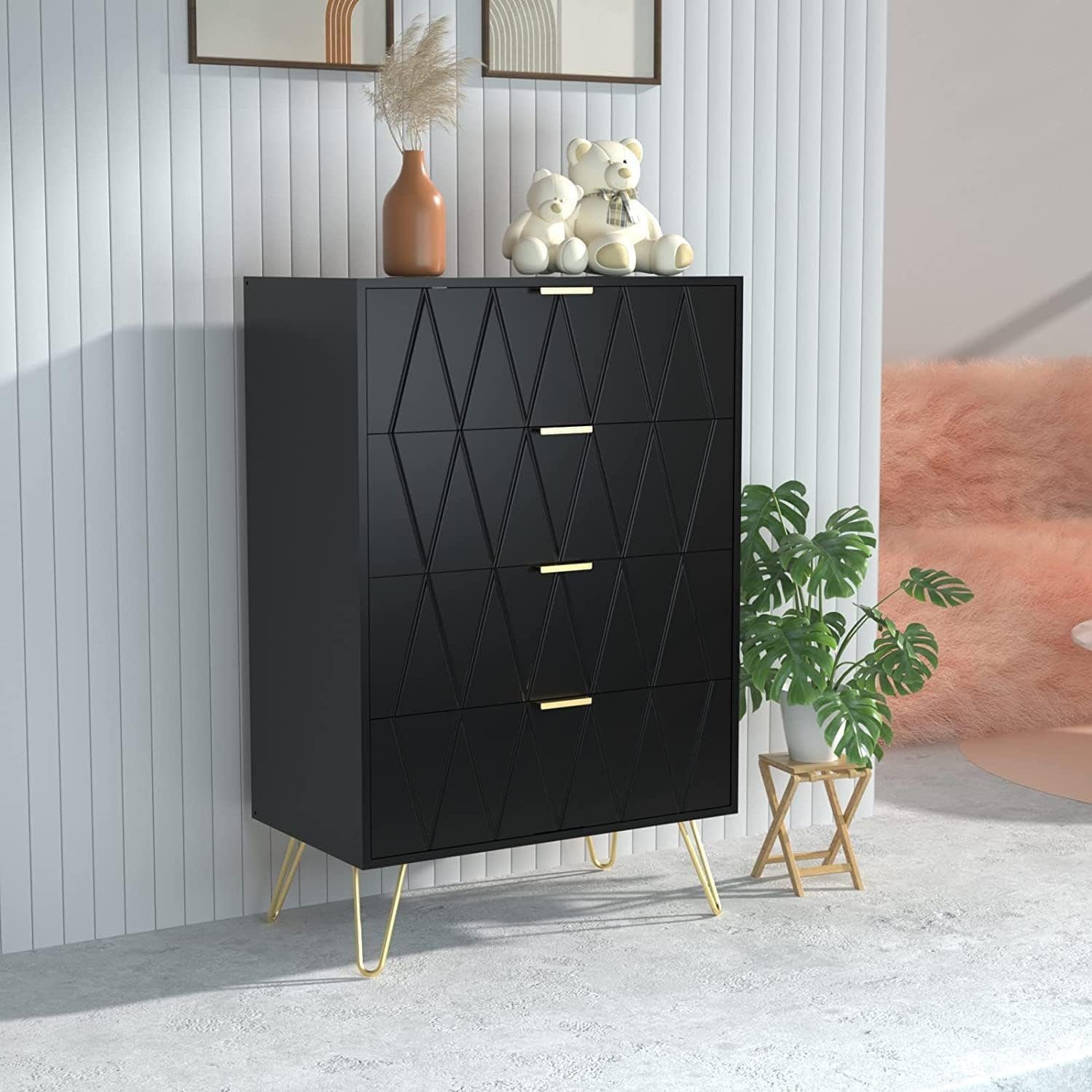 UEV Kommode mit 4 Schubladen, Sideboard für Schlafzimmer,Wohnzimmer (Mehrzweckschrank aus Holz, 60 x 34 x 91 cm), Aufbewahrungskommode, Schrank für Wohnzimmer,Schlafzimmer,Flur