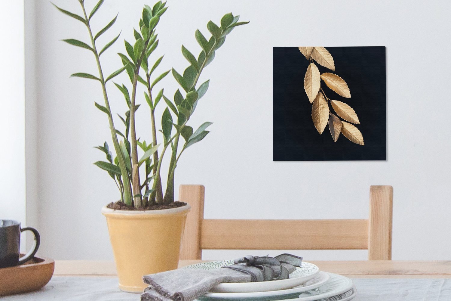 OneMillionCanvasses® Leinwandbild Pflanzen, - Leinwand für Schlafzimmer Wohnzimmer St), - Bilder Gold Luxus - (1 Schwarz - Blätter
