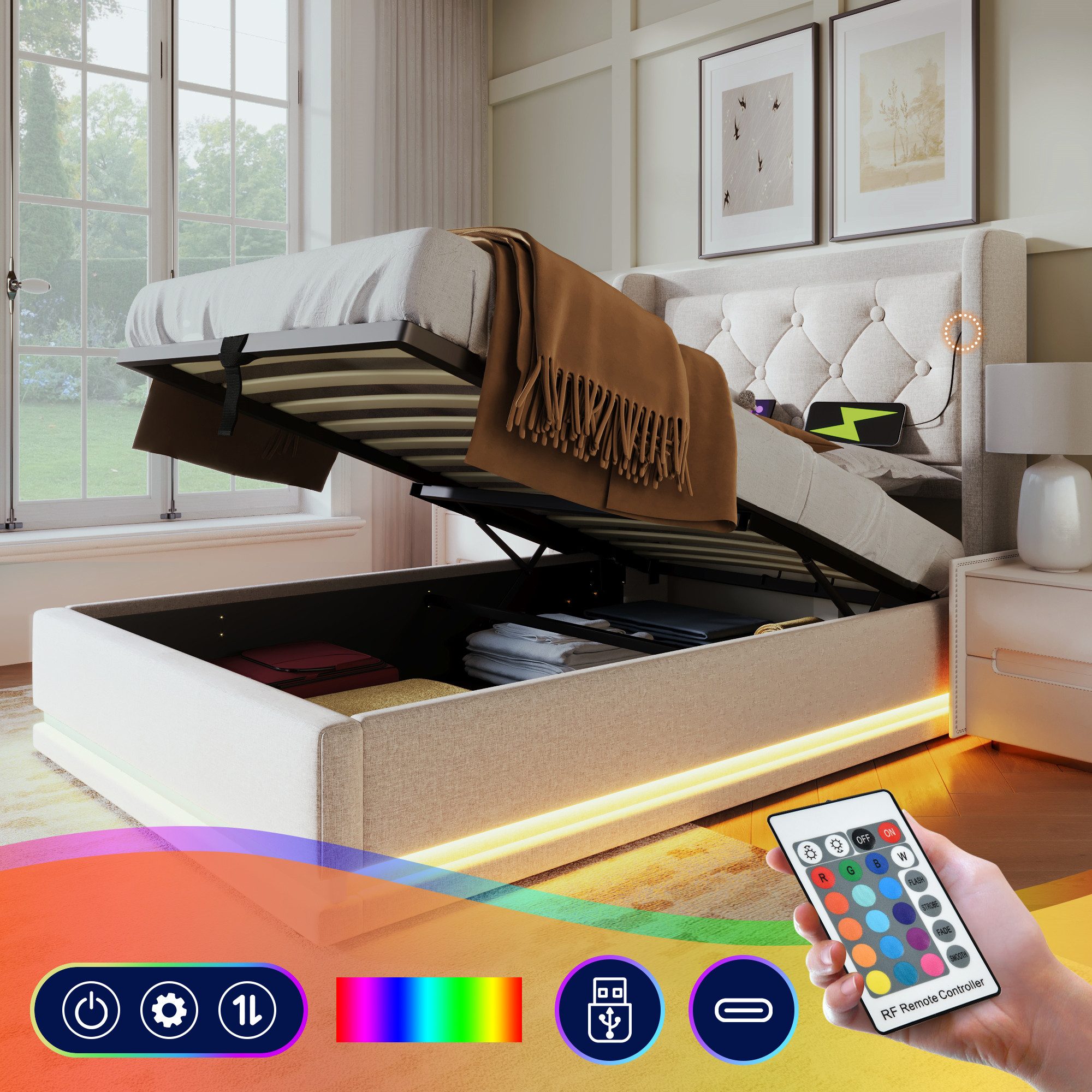 MODFU Polsterbett mit Stauraum Ladefunktion (100x210x101CM,Inklusive-Matrat günstig online kaufen