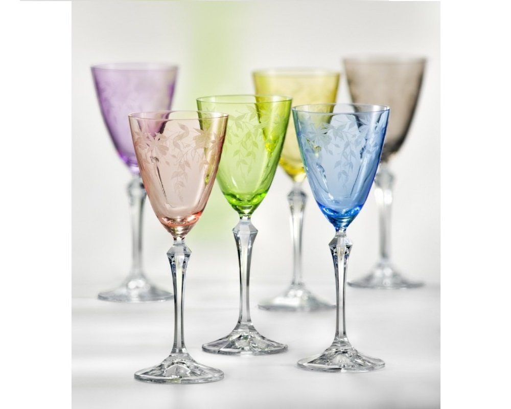 Crystalex Weinglas Weingläser Weinglas Kristallgläser Floral 250 ml 6er Set, 6-tlg., Kristallglas, Gravur, 6 unterschiedliche Farben, Kristallglas, Bohemia