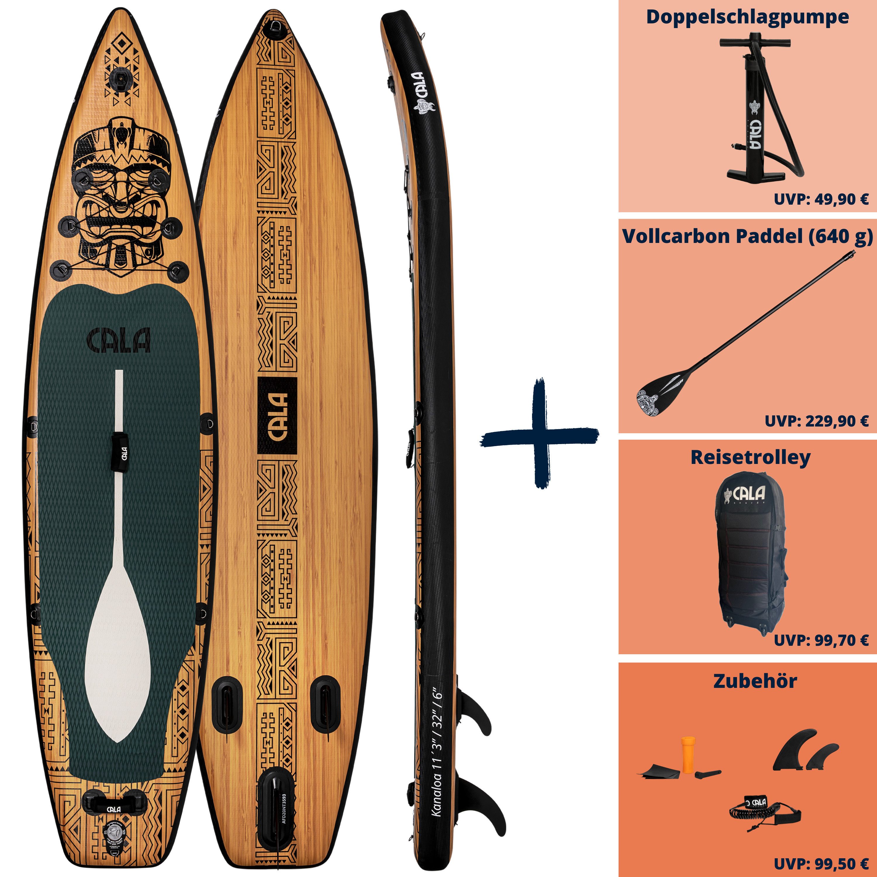 CALA SUP-Board KANALOA, robustes SUP- Board, aufblasbar, (Komplett-Set, SUP BOARD inkl. Board Bag, Pumpe, Vollcarbon-Paddel, Reparatur Kit), Holzoptik, D-Ringe für Kajaksitz