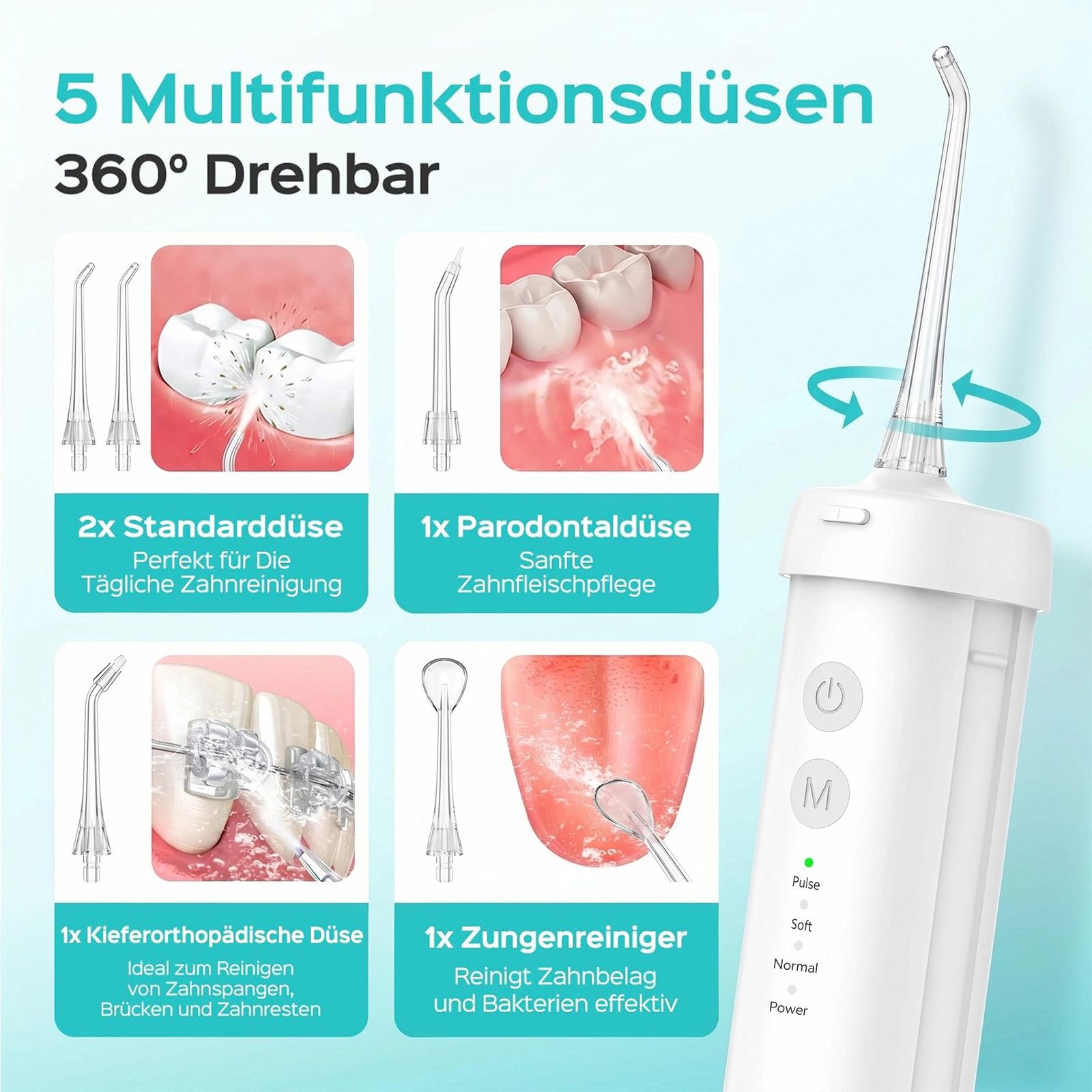 SWGOTA Munddusche Kabellos Zahndusche elektrisch Tragbar 4 Modi & 5 Düsen,360° Drehung, 2200 mAh,210ml Wassertank,IPX7 Zahnreiniger Zahnfleisch und Zahnpflege