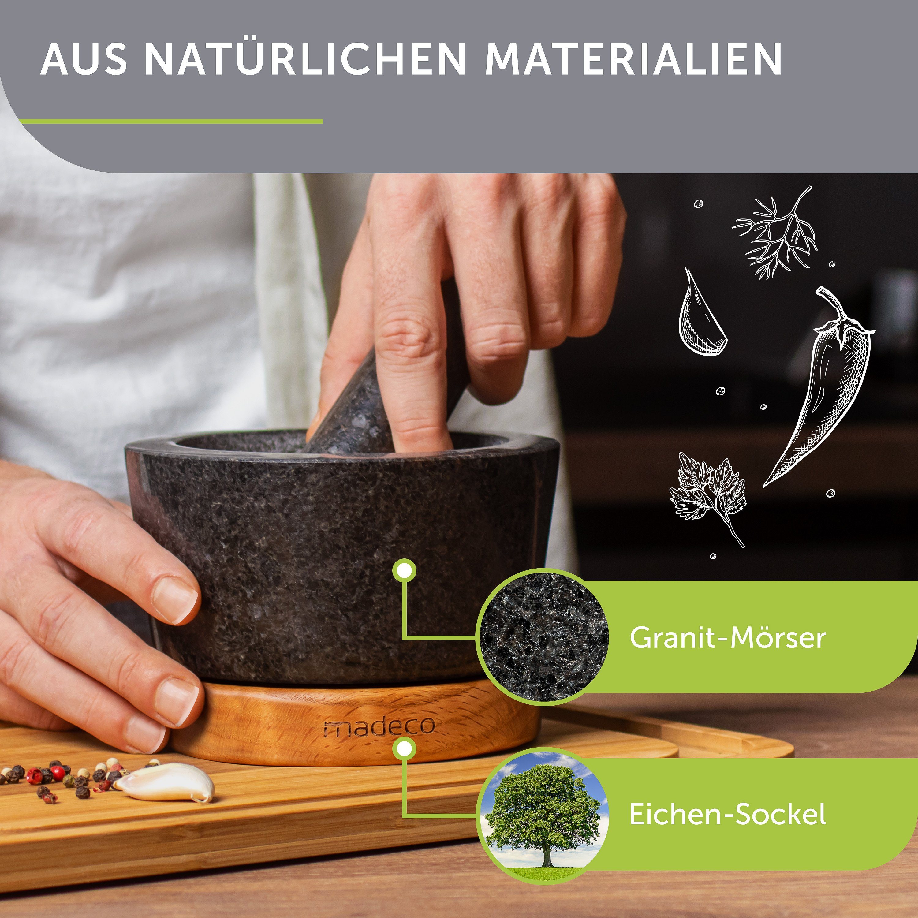 auf Eiche 14,5 10 ml Granit Ø Mörser 450 Kräuter, mit - cm, Gewürze Mörser für & (Set, madeco x Holzsockel Stößel 2-tlg), Füllvolumen