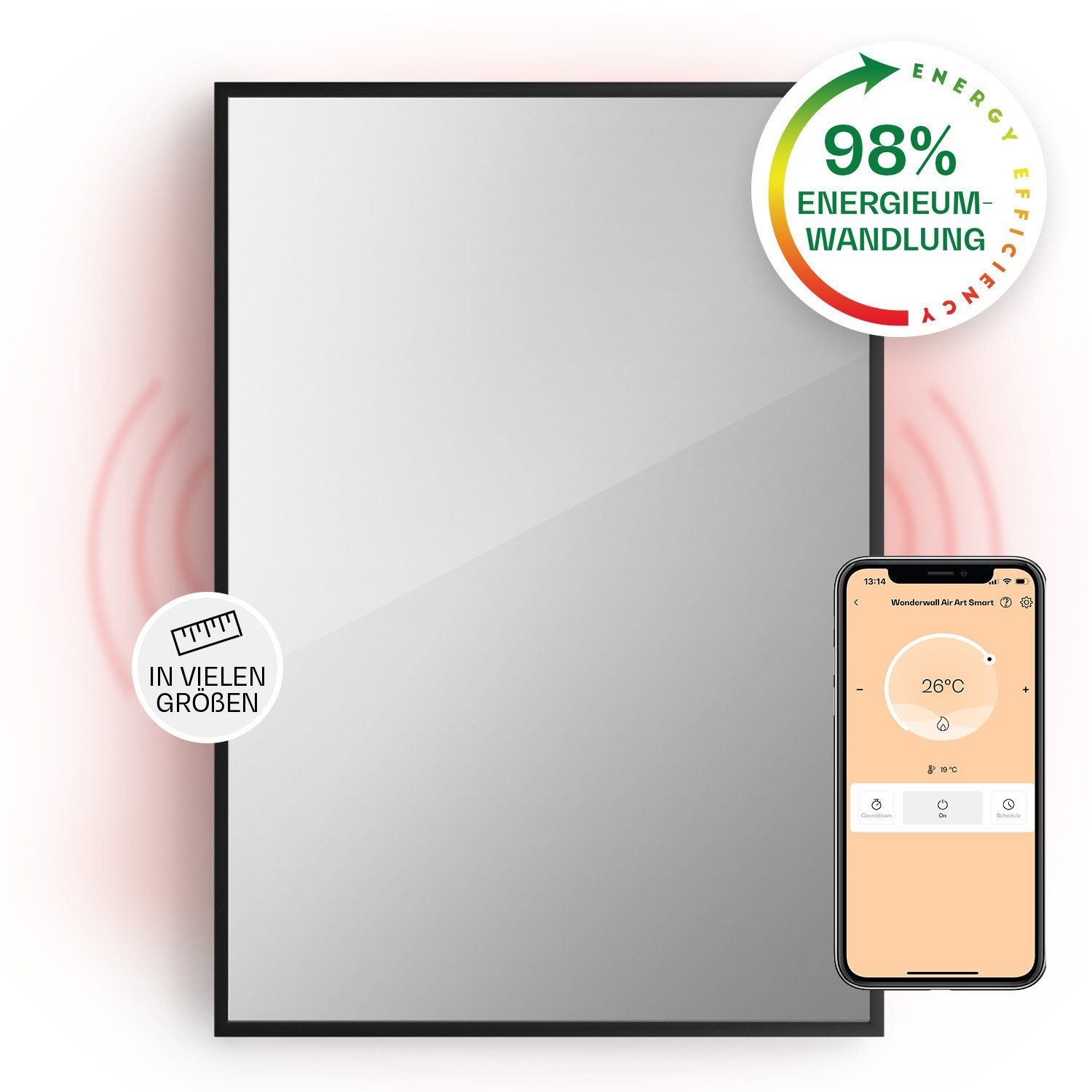 W Thermostat Palma elektrisch black, 750 Smart Spiegel Wandheizung Infrarot Heizkörper Heizung La Klarstein elektrische