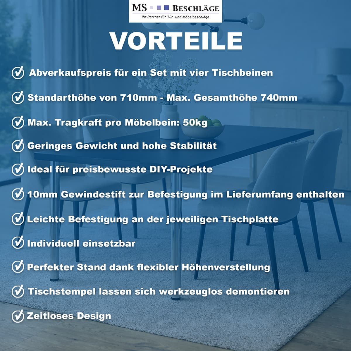 MS Beschläge Tischbein 4er Set Edelstahl-Optik 710mm Tischfüße Ø 60mm, höhenverstellbare Tischstempel Tischstützen mit Montageplatte – Bild 5 von 5