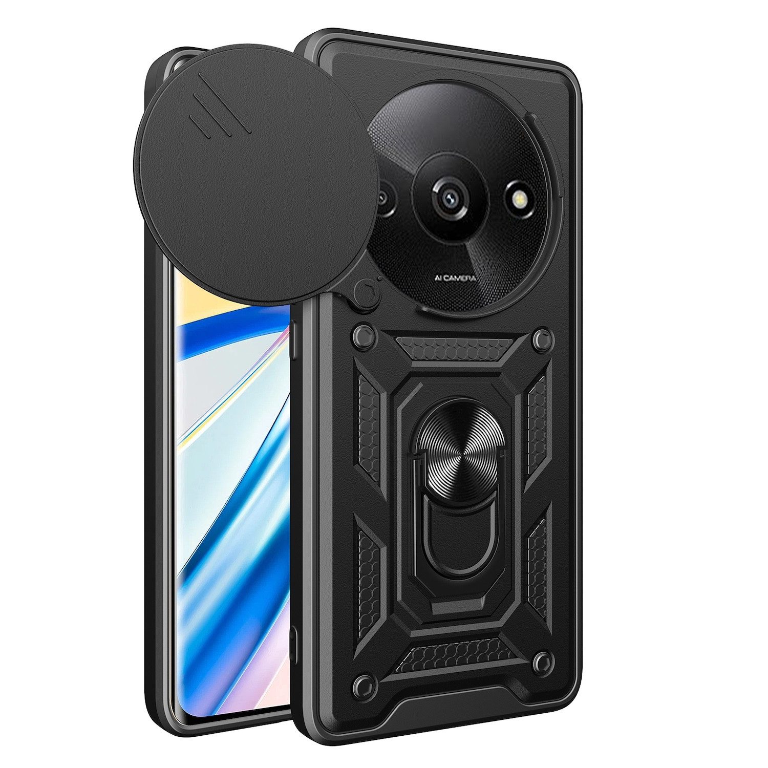 Wigento Handyhülle Für Xiaomi Redmi A3 Armor Magnet Ring Schiebe Kamera Cover Handy Hülle