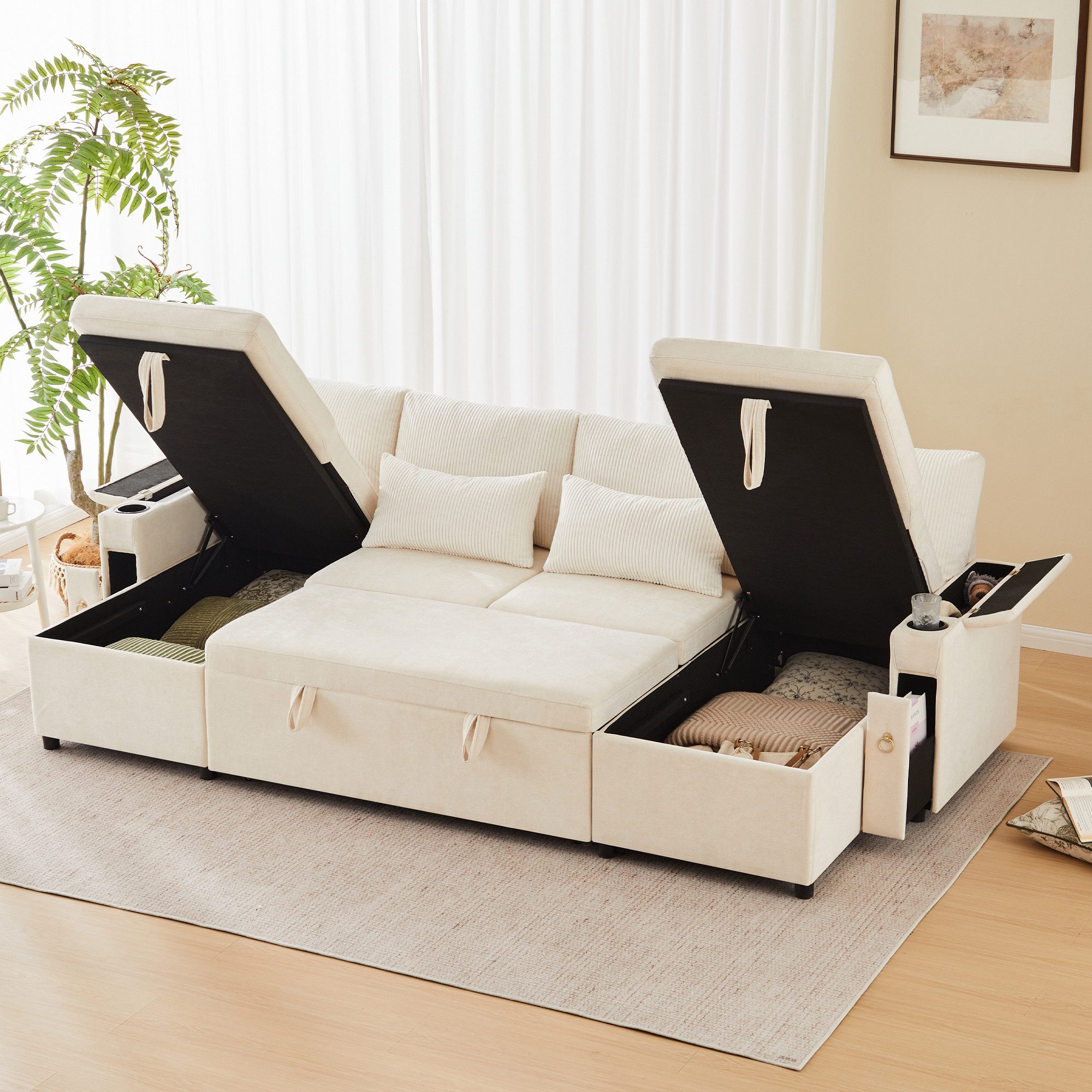 STILVORA Schlafsofa mit schlaffunktion Wohnlandschaft U-Form Schlafsofa mit Kissen Beige, Set 1 Teile, Viersitzer-Schlafsofa in U-Form mit Getränkehalter