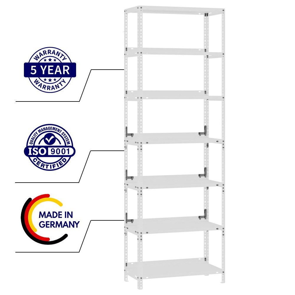 PROREGAL® Schwerlastregal Wohnregal Metallregal MAGNUS 220x75x30cm mit 7 Stahlplatten-Ebenen, Desgin Made in Germany Pulverbeschichtet 60kg/Ebene 420kg Gesamtla – Bild 5 von 5