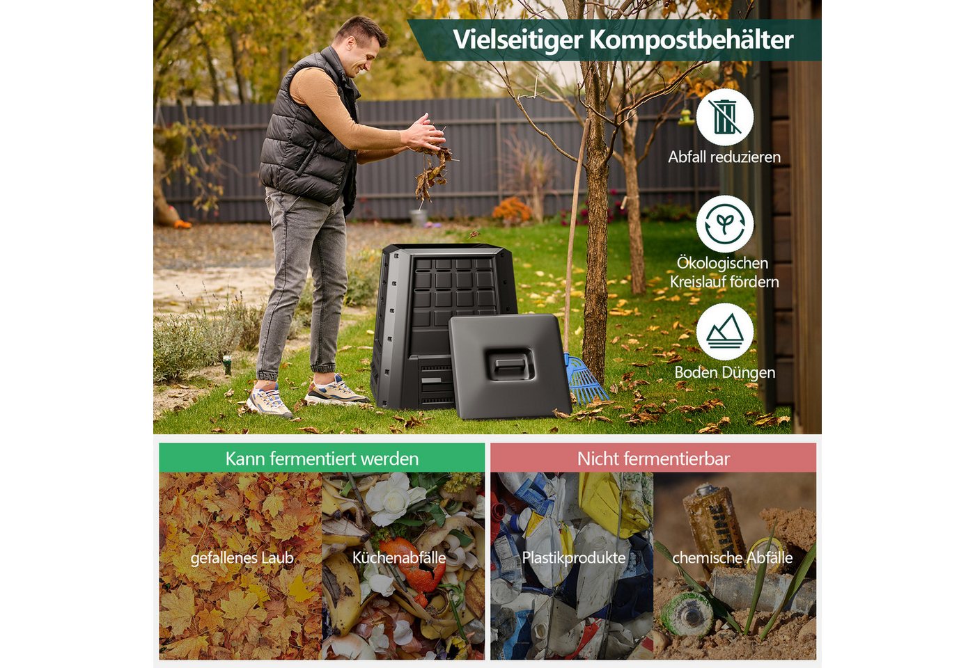 Thumbnail - COSTWAY Komposter, BxTxH: 78x64x80 cm, 380 l, (1 St), Thermokomposter, Schnellkomposter, mit Deckel, 380L