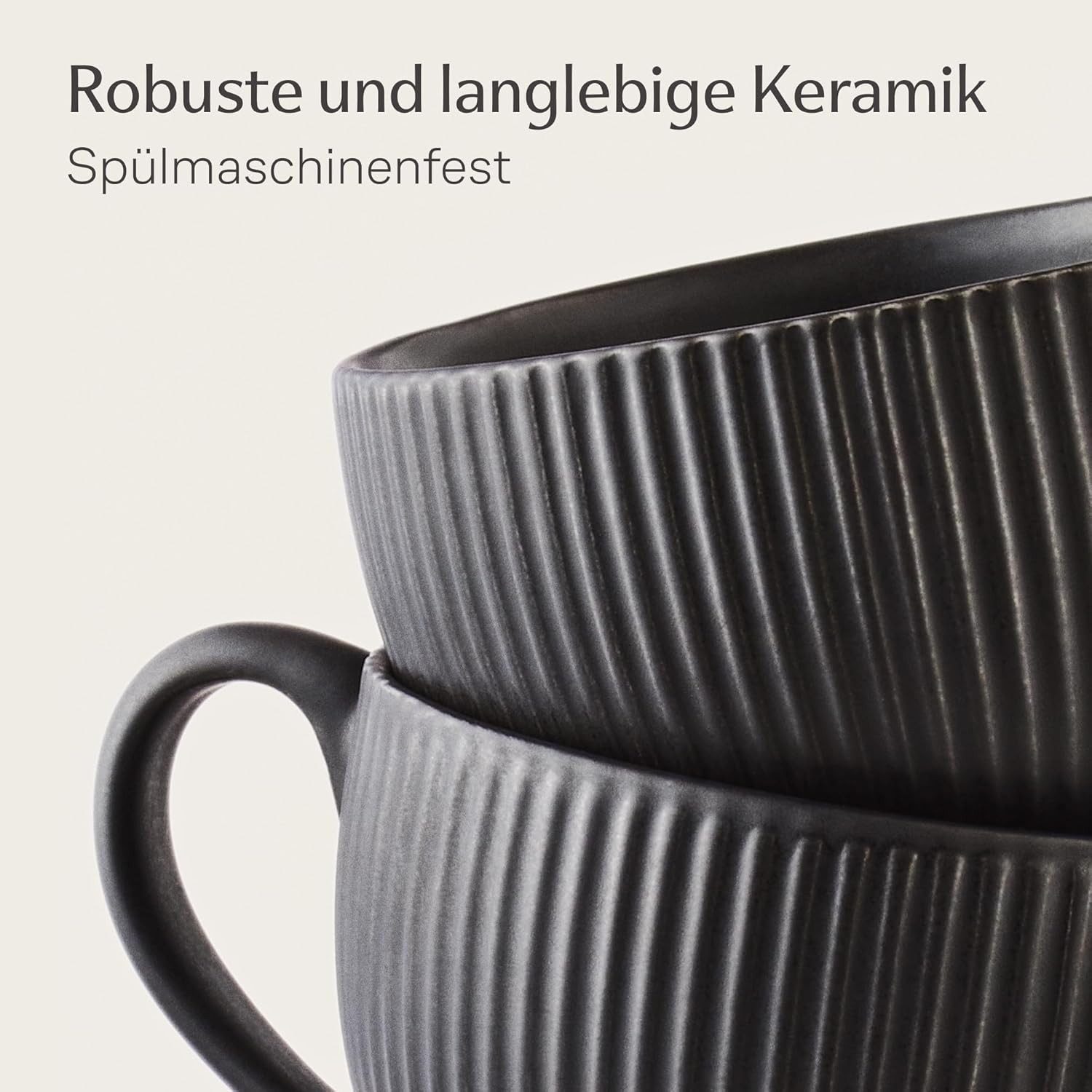 Cosumy Cappuccinotasse 6er Set mit Untertassen - 200 ml Kapazität - mattes Streifendesign, 12-tlg., Keramik, Dickwandig, hält lange warm, spülmaschinen- & mikro – Bild 4 von 5
