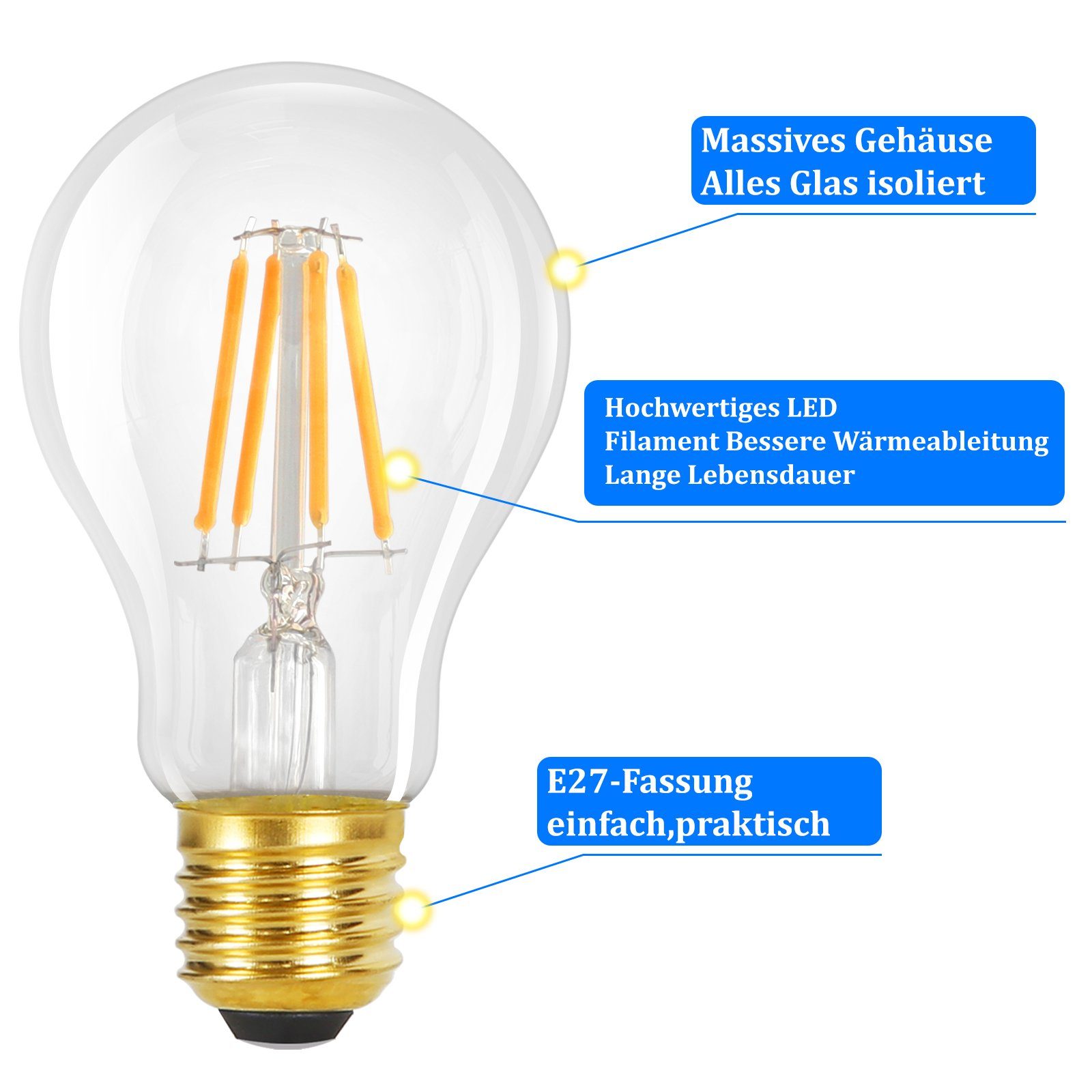 ZMH LED-Leuchtmittel A60 E27 Vintage Glühbirne Edison 3 Glühlampe, Nicht E27, 4W Warmweiss Dimmbar 3000k, St., 2700K