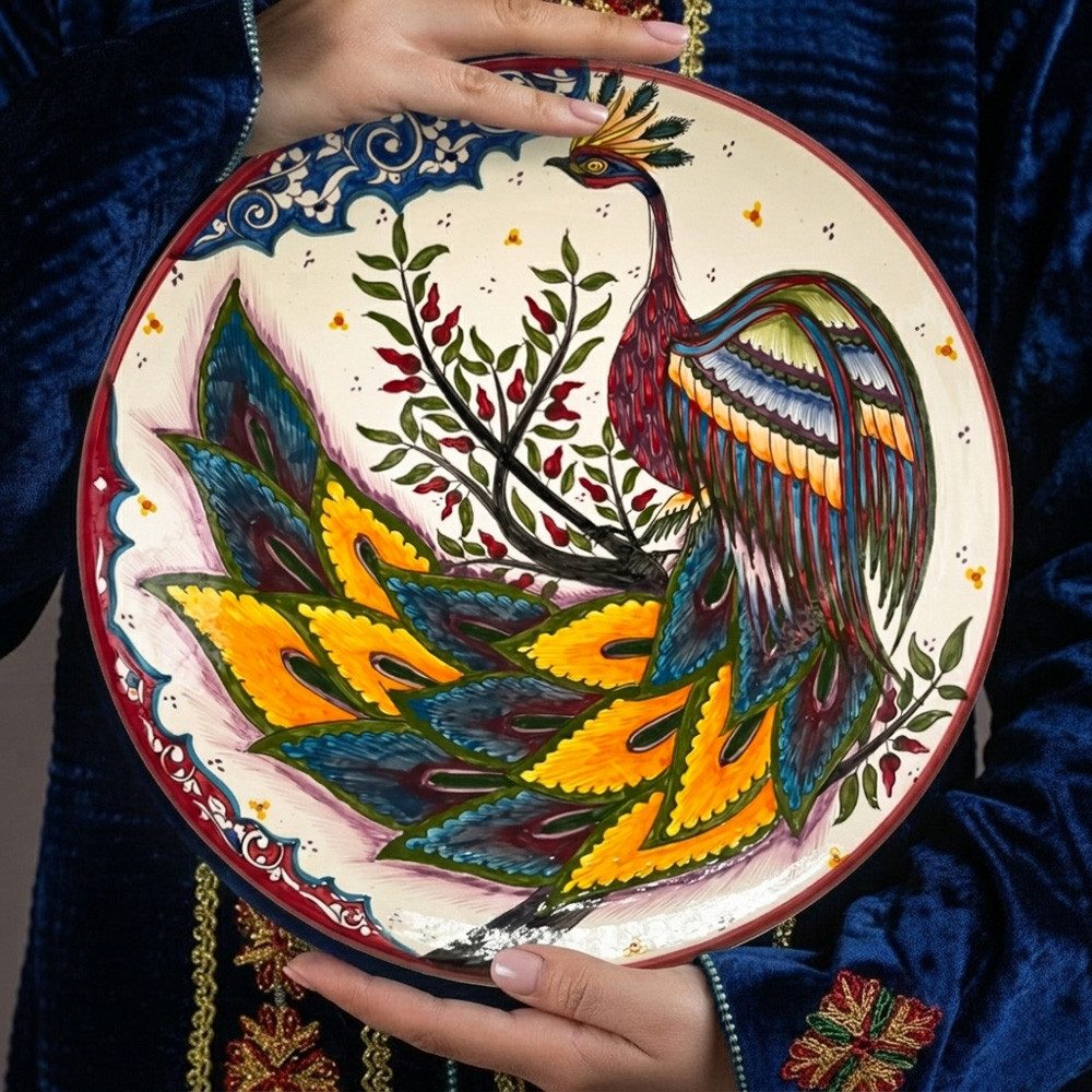 Servierplatte Lagan Feuervogel X1 bunt Ø 42 cm Reisplatte Servierteller rund, Keramik, Handarbeit