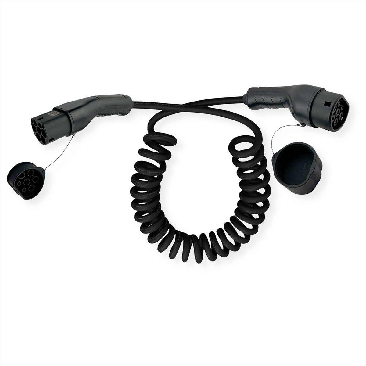 ROLINE E-Auto Spiral-Ladekabel Typ2, 3-phasig Autoladekabel, IEC 62196-2 Typ 2 (VDE-AR-E 2623-2-2) Männlich (Stecker), IEC 62196-2 Typ 2 (VDE-AR-E 2623-2-2) Weiblich (Buchse) (300.0 cm), 480VAC (3P+N+E), 16 A, 11 kW, max. 2m