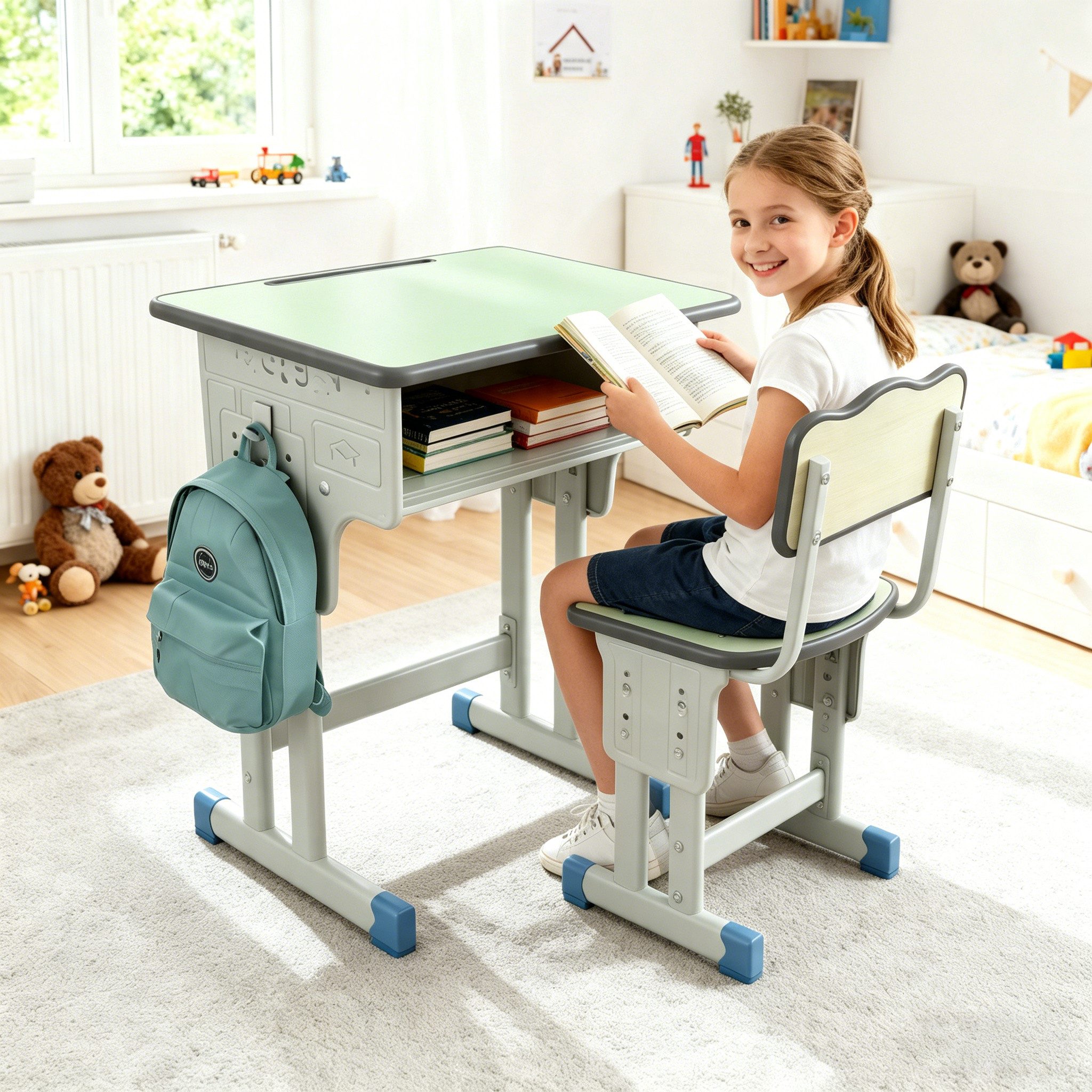 BBG Kinderschreibtisch Höhenverstellbares Kinder Schreibtisch Set mit Stuhl (Ergonomischer Lerntisch 60x40 cm, 4-Stufen Höhenverstellung, Ein Tisch, ein Stuhl), – Bild 2 von 5