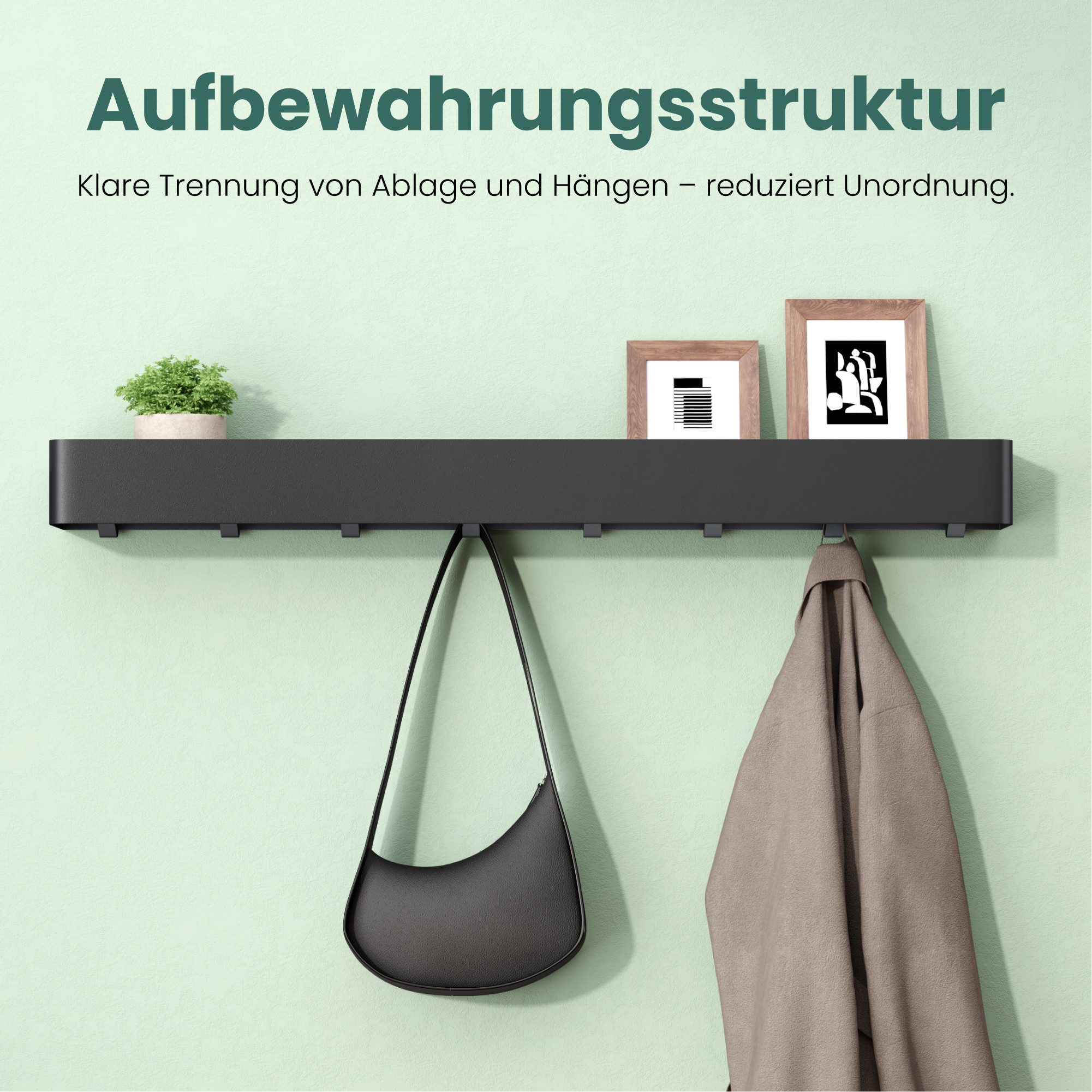 Mai & Mai Wandgarderobe Garderobenleiste mit Ablage zur Wandmontage multifunktional Reglo-05, Pulverbeschichtung, abgerundete Kanten, Abnehmbares Design