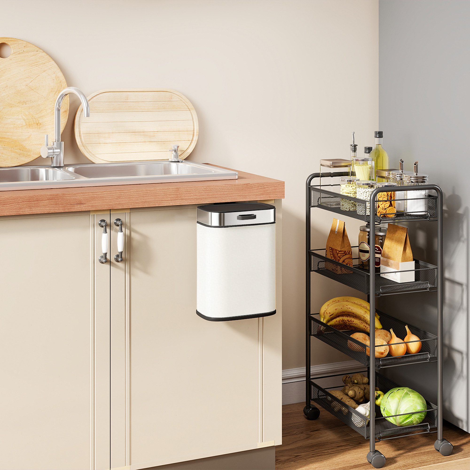HOMCOM Mülltrennsystem Mülleimer Hängend mit Druck-Öffnen Feststelldeckel, Edelstahl, für Küchenschranktür, unter der Spüle, Schlafzimmer, Büro, Cremeweiß