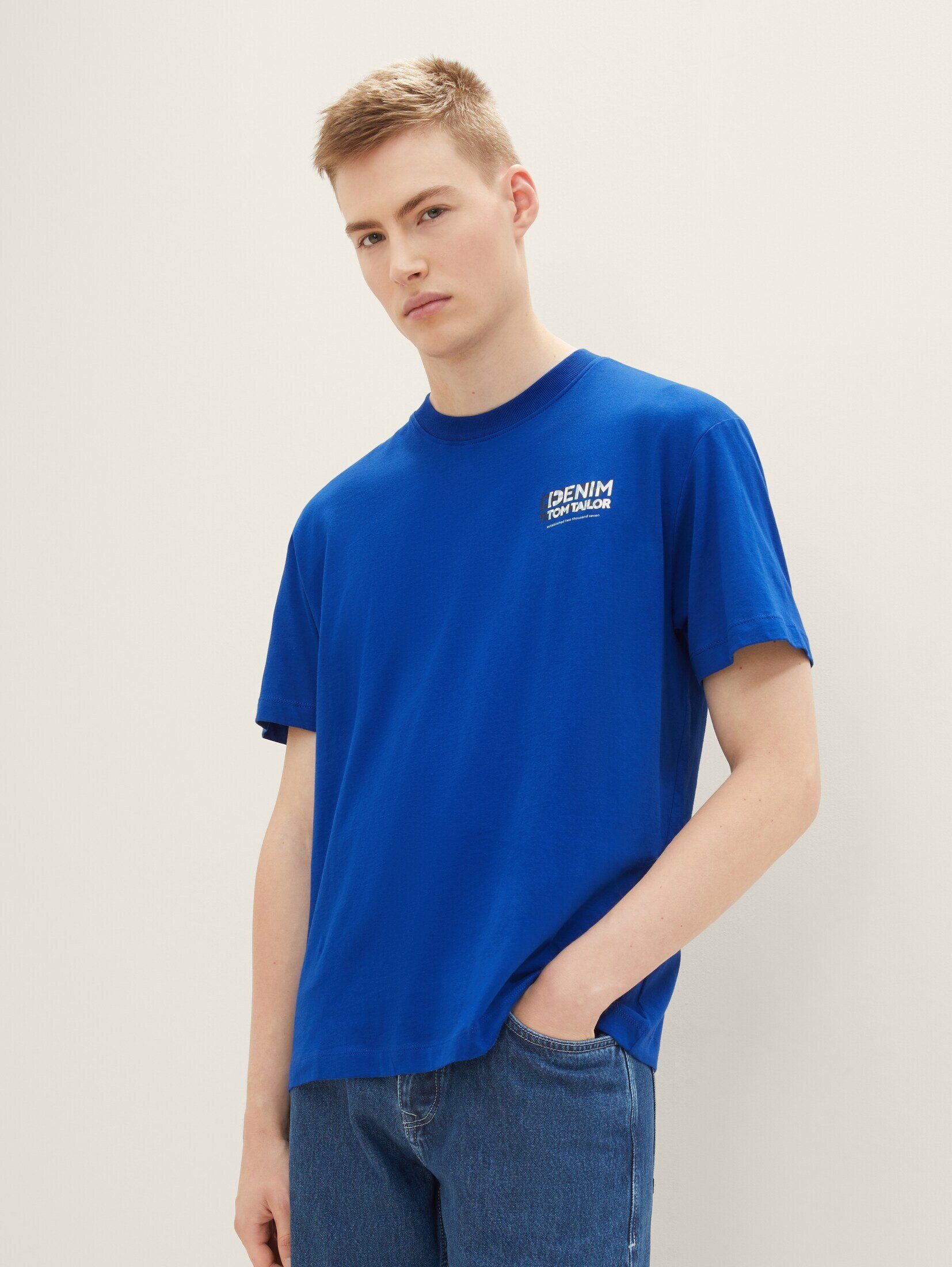 royal mit blue T-Shirt TOM TAILOR shiny T-Shirt Bio-Baumwolle Denim