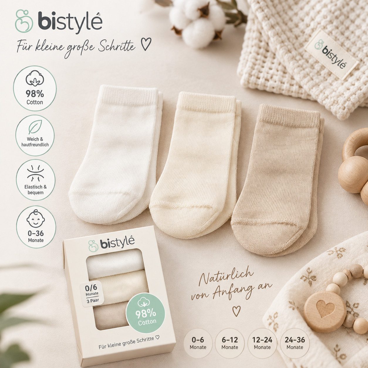 bistyle Feinsocken Baby Socken 3er-Pack, 98 % Bio-Baumwolle, Weich & hautfreundlich (3-Paar) – Bild 2 von 5