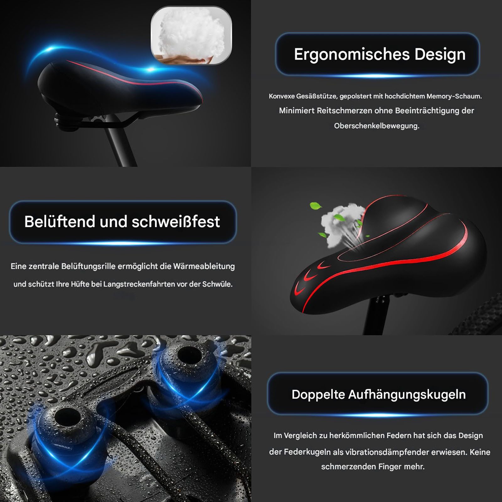 SURFOU Fahrradsattel Fahrrad zubehör Fahrradsattel Herren Damen Sattelschutz Wasserdicht (Universell kompatibler Oversized Fahrradsattel– Extra Breiter & Bequemer Sattel mit Memory Foam, Wasserdicht & Stoßdämpfend für Herren & Damen, mit Montagewerkzeuge, wasserdichte Sattelhülle und Fahrradsatteladapter, 1-tlg., Geeignet für Mountainbikes, Rennräder, Fitnessbikes, E-Bikes usw), Bequemer Memory-Foam, Schweißfestes und stoßdämpfendes