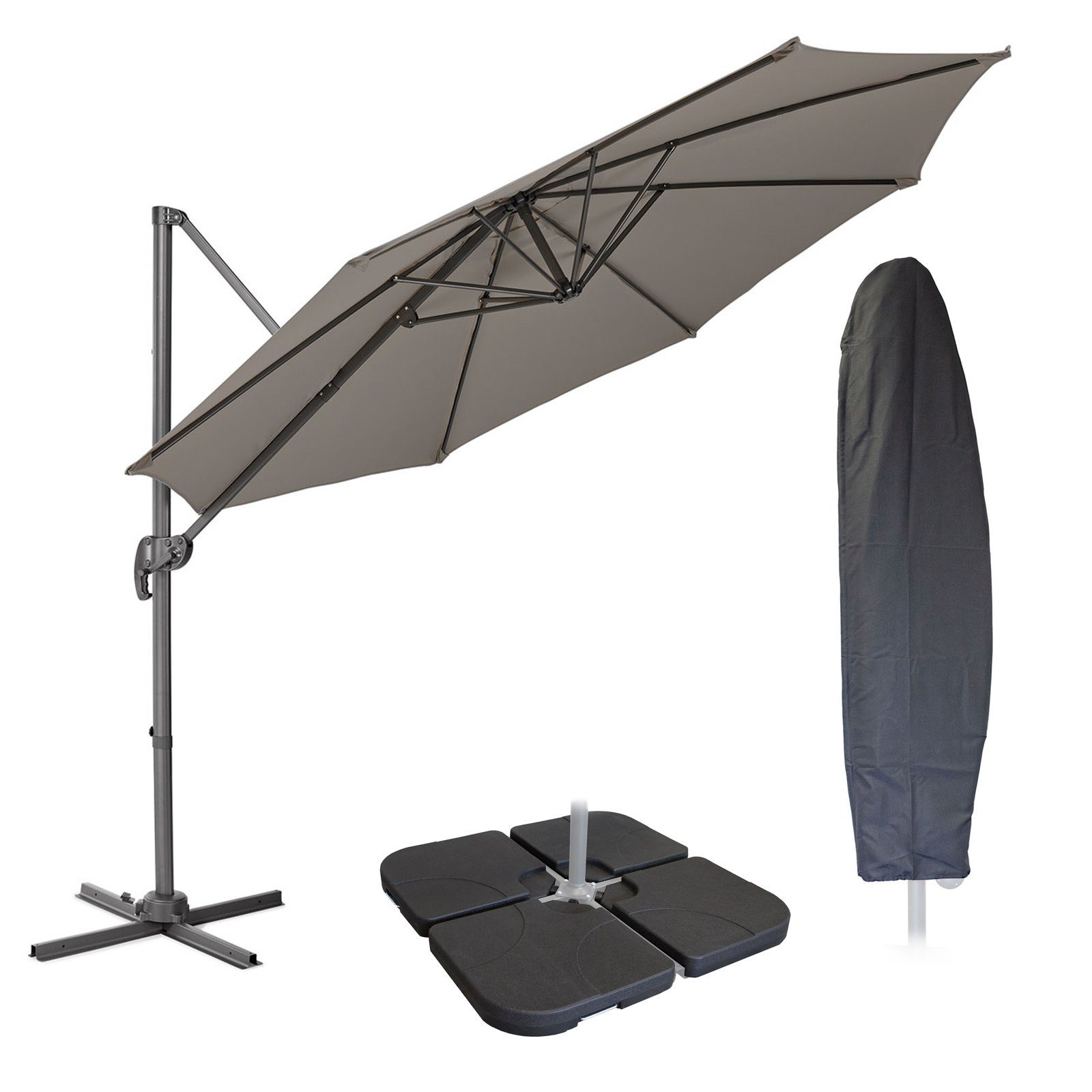 SVITA Sonnenschirm Ampelschirm 3m + Haube + Sonnenschirmständer befüllbar 4-teilig, Set, Aluminium/Polyester 4 Gewichte Abdeckhaube Klettverschluss