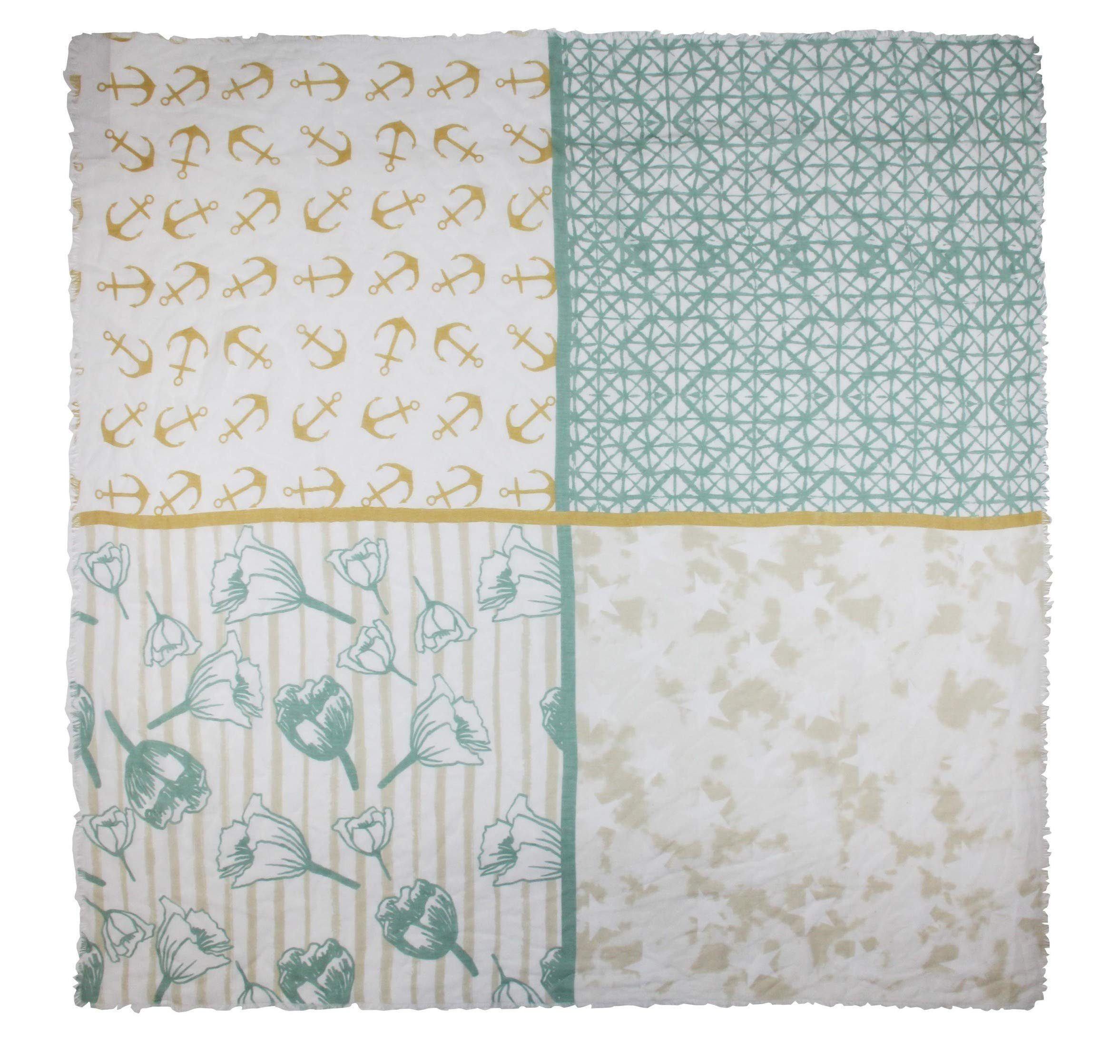 Vanessa & Melissa Modetuch Leichter sommerlicher Damen, Schal mit Blumen Sterne Anker Muster Quadrat, Sommerschal