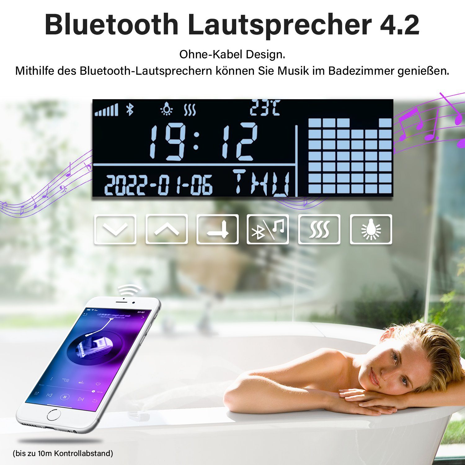 SONNI Badspiegel Badspiegel 120 60 x Badezimmerspiegel, Beleuchtung,Uhr Touch Bluetooth mit