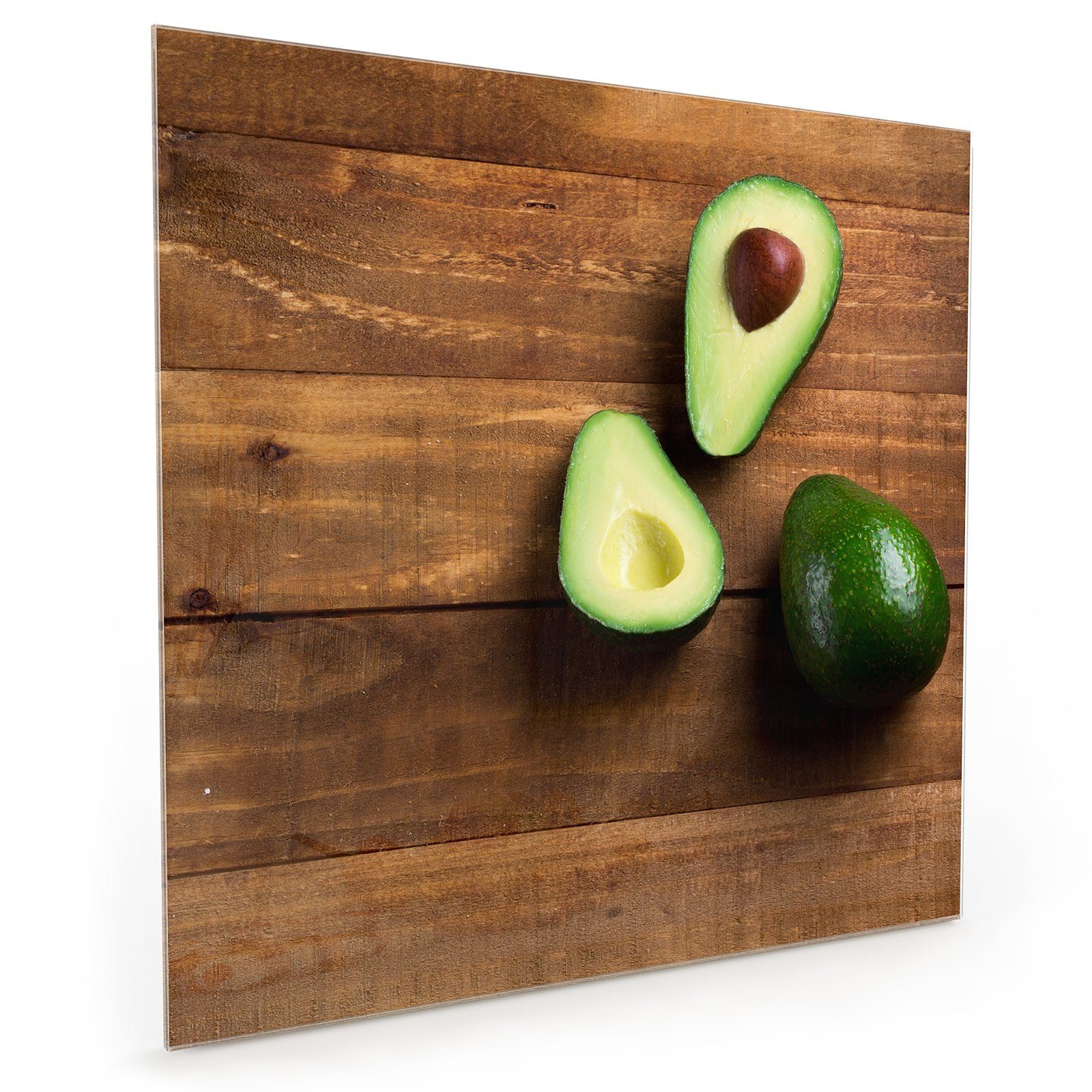 Primedeco Küchenrückwand Küchenrückwand Spritzschutz Glas mit Motiv Avocado auf Holztisch