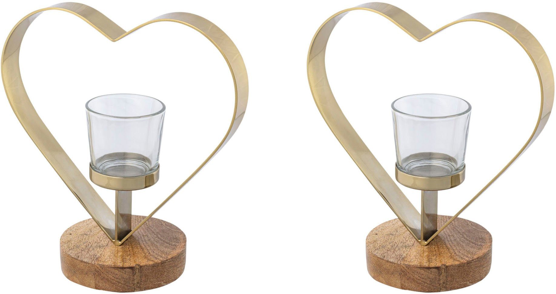 Creativ home Teelichthalter und St), Glas 2 Edelstahl Kerzenhalter (Set, Herz aus Holz