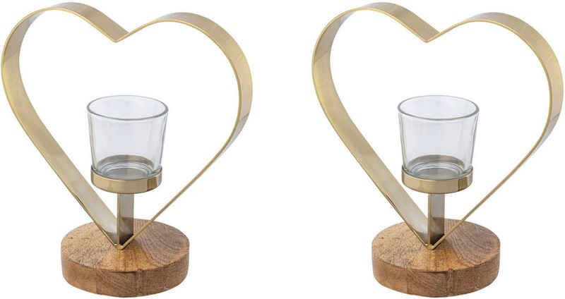 Creativ home Teelichthalter Kerzenhalter Herz (Set, 2 St), aus Holz, Edelstahl und Glas