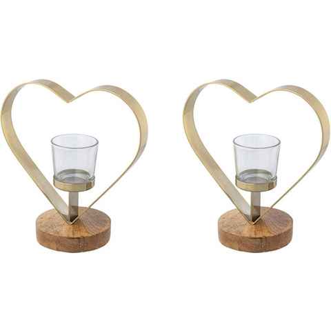 Creativ home Teelichthalter Kerzenhalter Herz (Set, 2 St), aus Holz, Edelstahl und Glas
