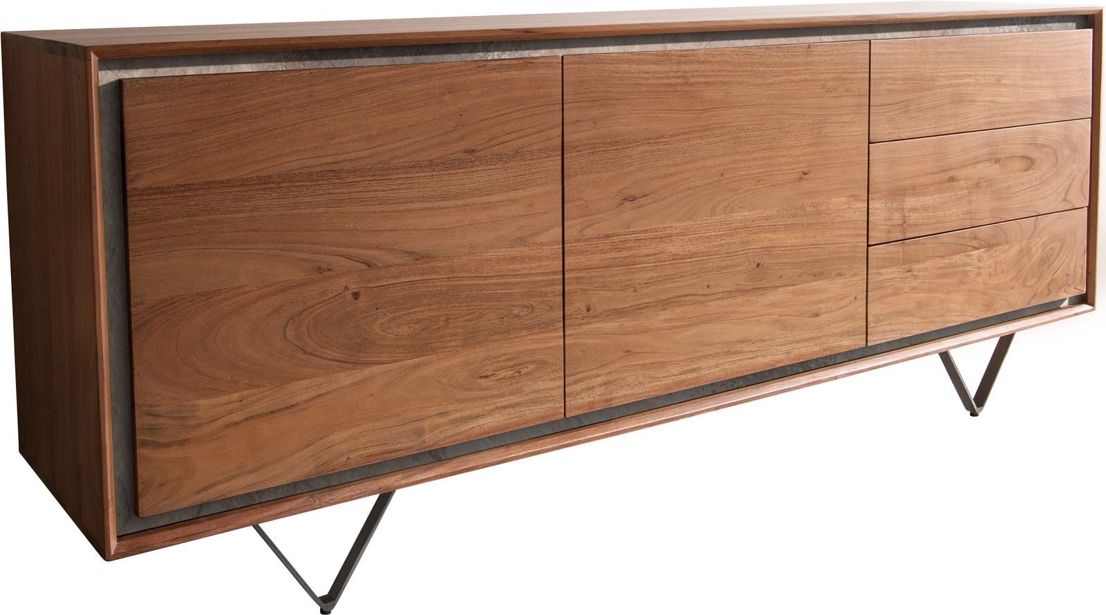 DELIFE Sideboard Stonegrace, Akazie Braun Steinfurnier 175 cm 2 Türen 3 Schübe V-Fuß Schwarz
