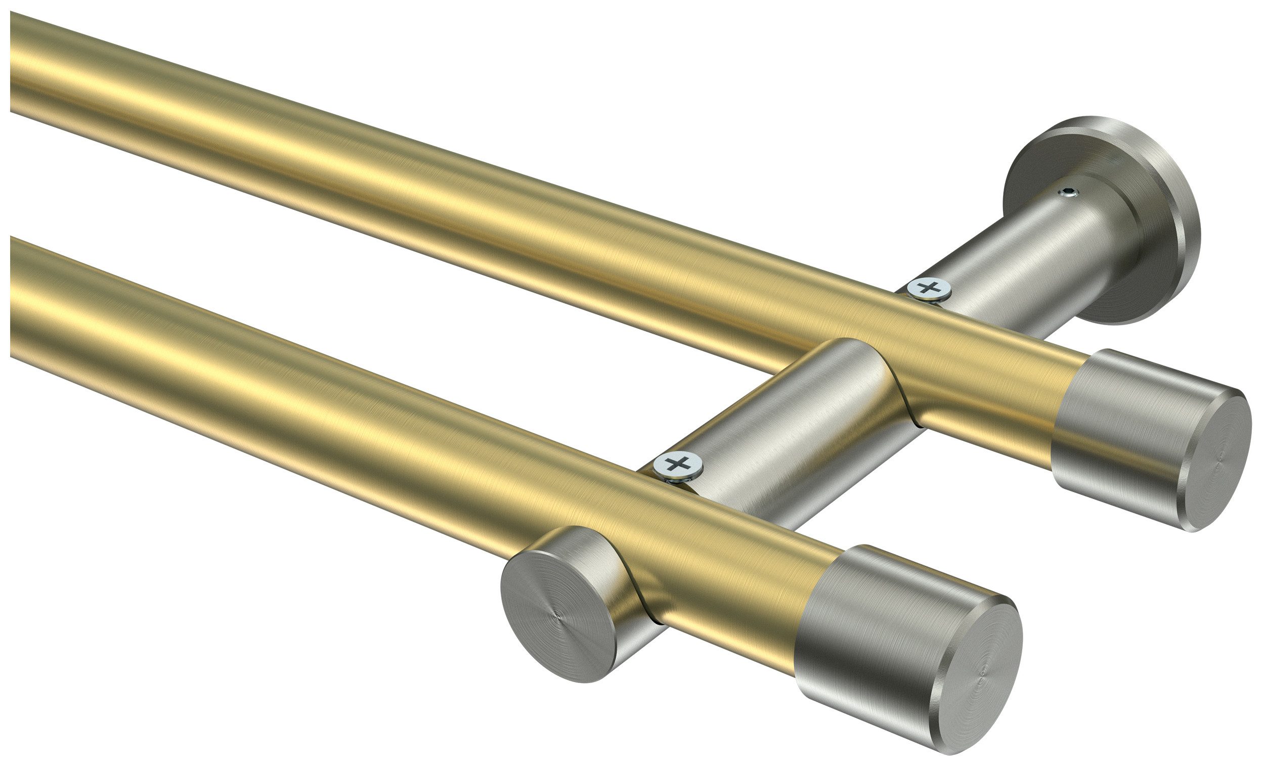 INTERDECO Gardinenstange Platon Santo, Ø 20 mm, 2-läufig, Fixmaß, kürzbar, Wandmontage, Deckenmontage, Metall, Messing-Optik / Edelstahl-Optik / Bicolor