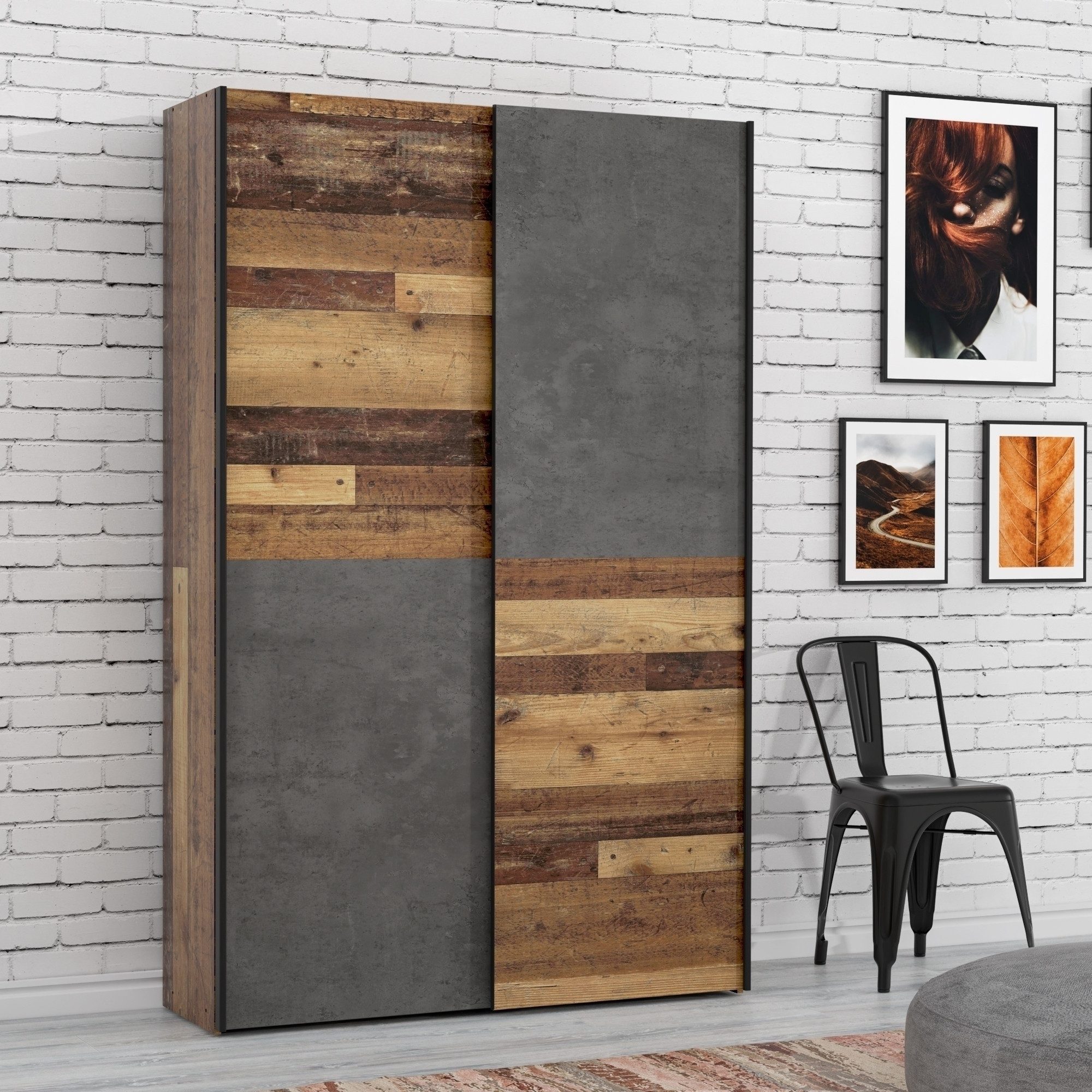 freiraum Kleiderschrank OZZULA in Old – Wood Vintage / Betonoptik Dunkelgrau