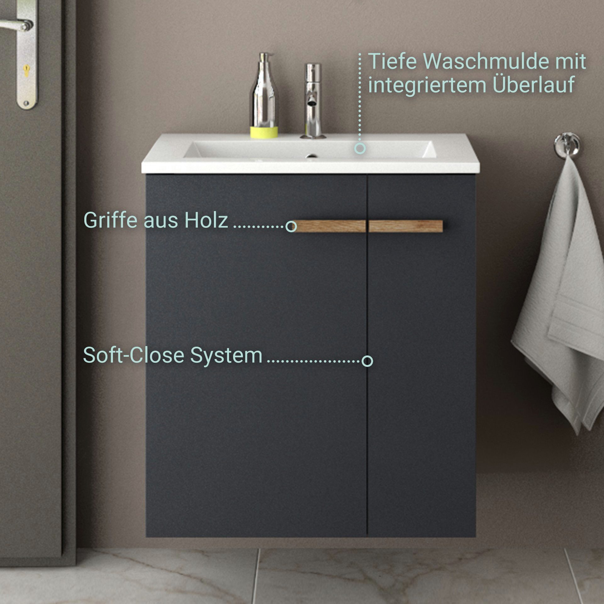BADEDU Badmöbel-Set Waschbecken und Unterschrank, Keramik, Holzgriffe