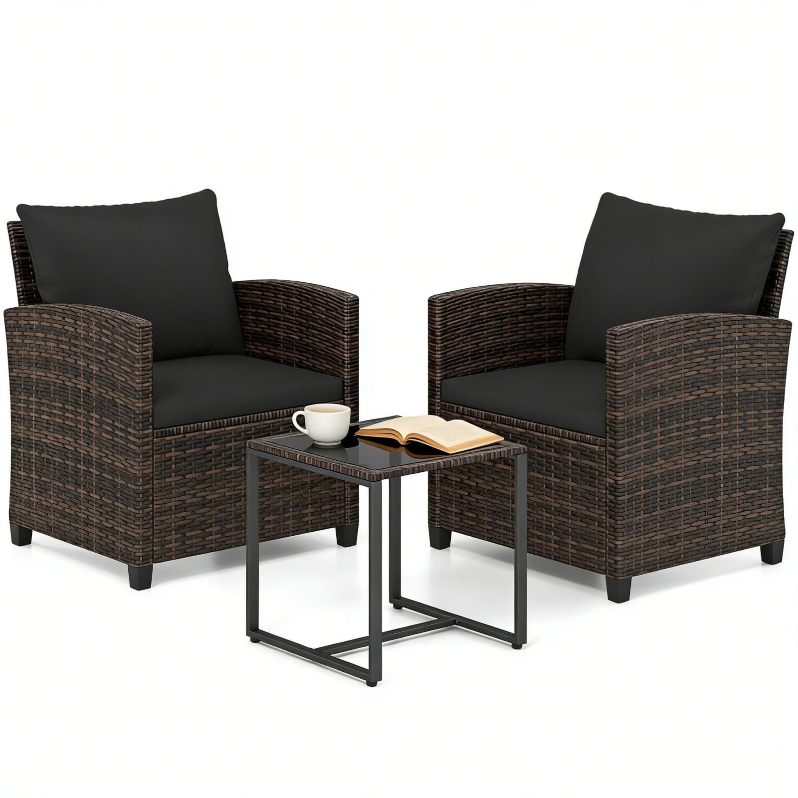 KOMFOTTEU Balkonset, (3-tlg), Gartenmöbel 2 Sessel mit Kissen und 1 Couchtisch aus Glas