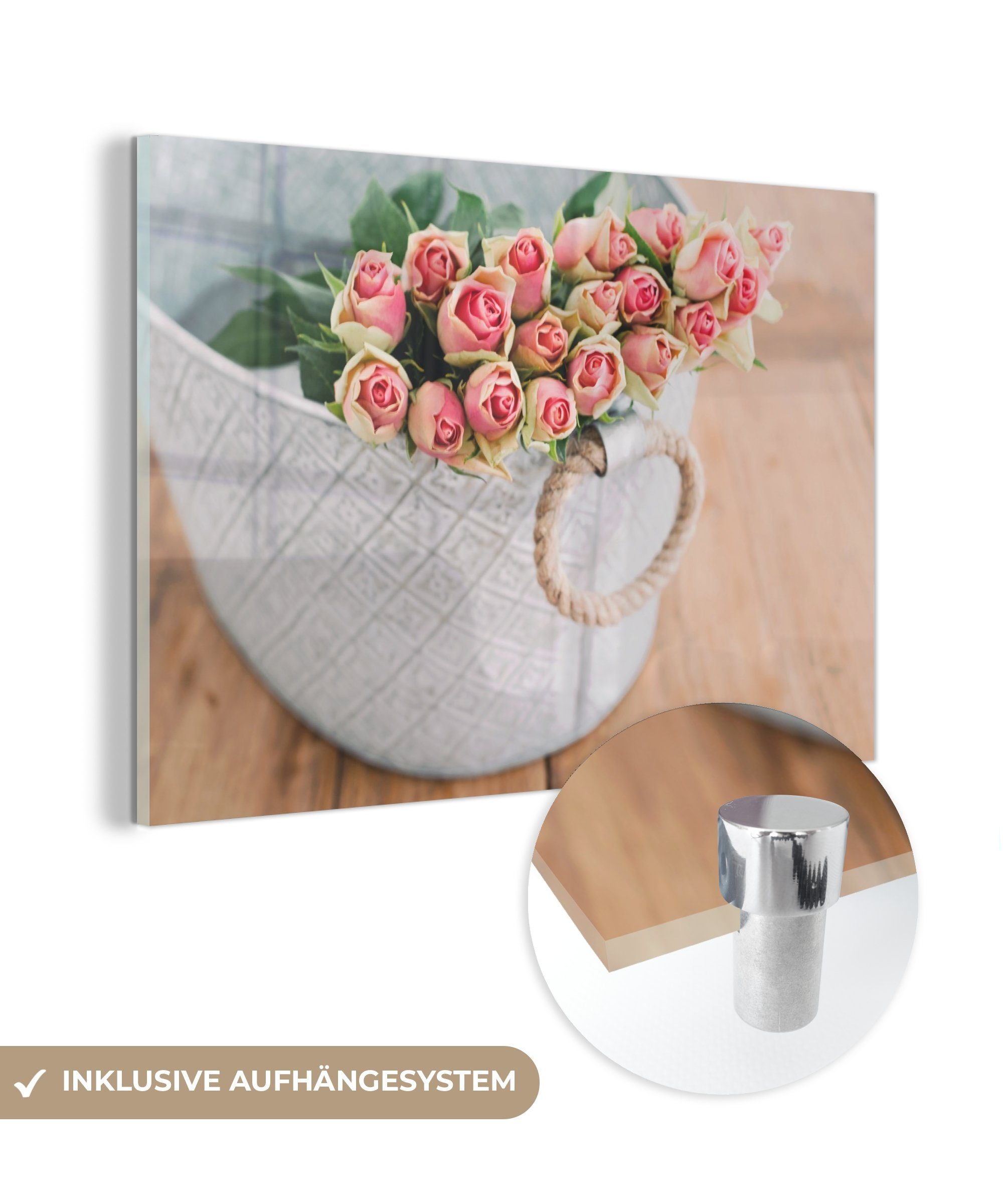 Korb, Blumen Wohnzimmer - (1 Schlafzimmer MuchoWow & Rosen Acrylglasbilder St), - Acrylglasbild