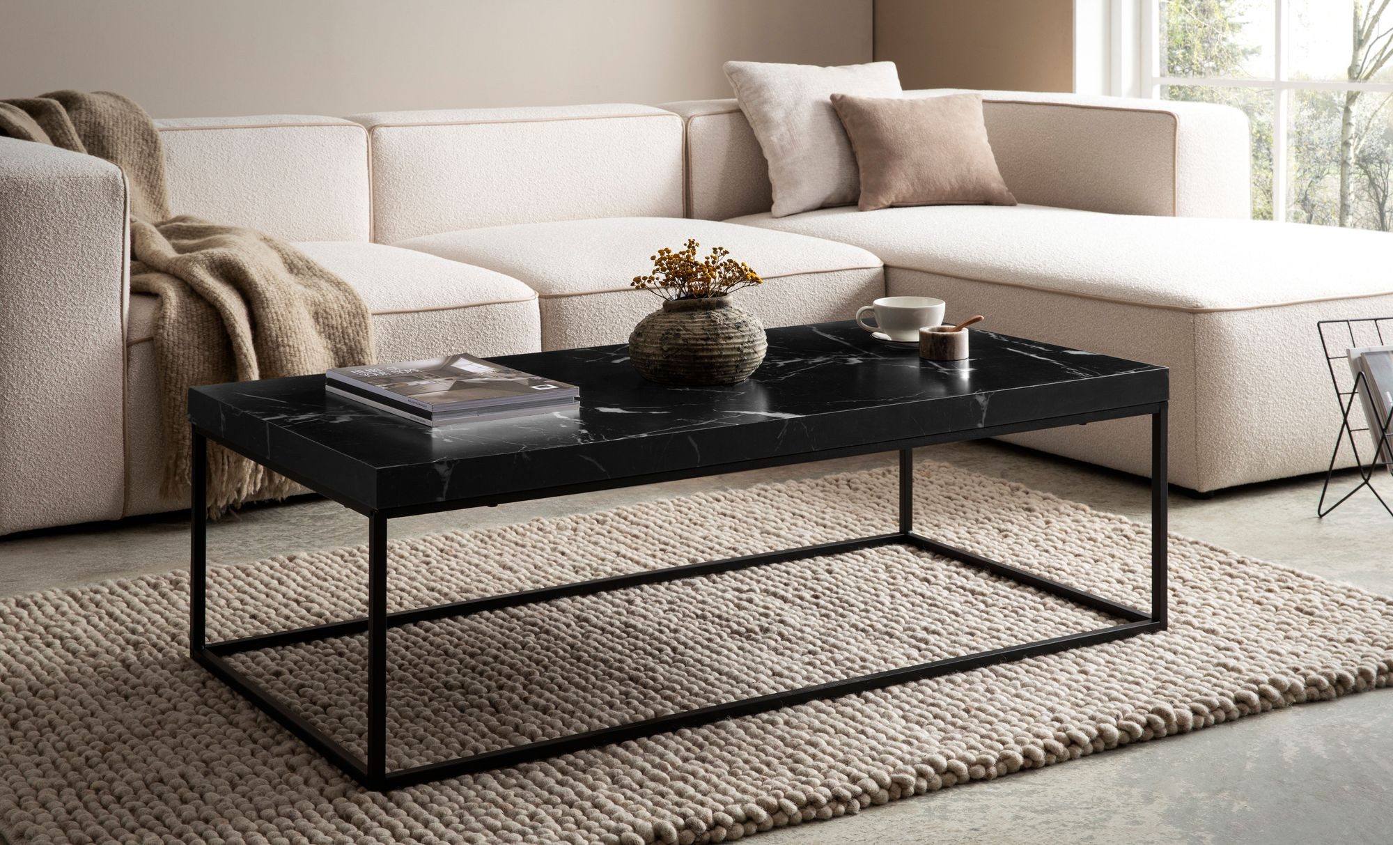 FINEBUY Couchtisch FB59750 Sofatisch 120 cm Wohnzimmertisch Groß Kaffeetisch Modern (Sofatisch Schwarz Modern, Kaffeetisch Rechteckig), 120 cm MDF, Wohnzimmertisch Marmor Optik Groß