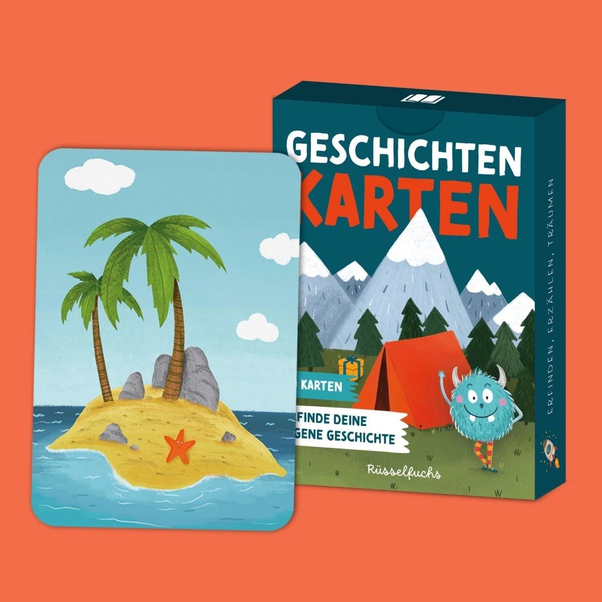 Rüsselfuchs Spiel Geschichtenkarten für Kinder eigene Geschichten erfinden Set, Geschichtenkarten – Erfinde deine eigene Geschichte, handgezeichnete Karten, kindgerechte Impulse, Faltschachtel
