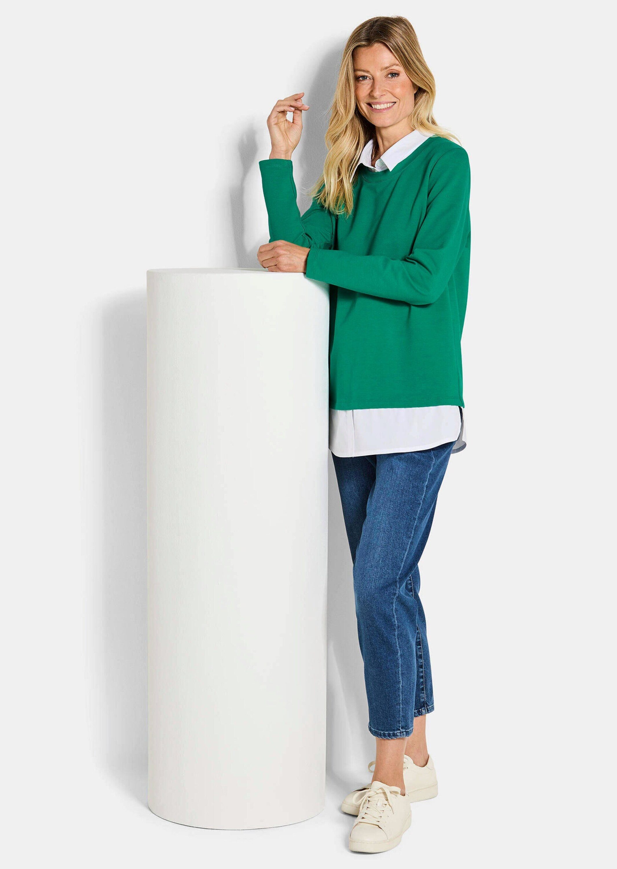 GOLDNER Longshirt Elegantes 2-in-1 Business-Oberteil Langarm-Shirt mit Hemdkragen und Hemdsaum, hüftumspielend, Baumwolle