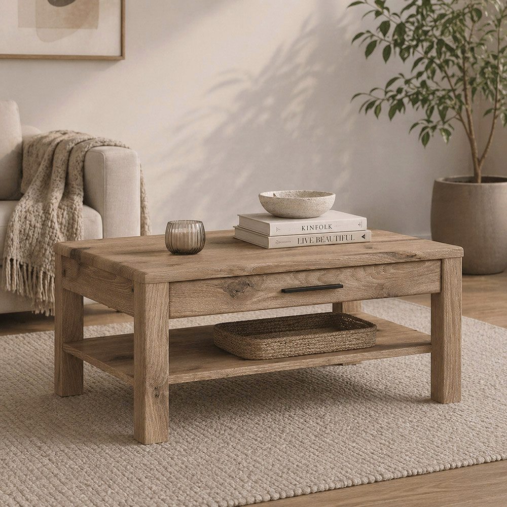 Lomadox Couchtisch GRAHAM-129, Eiche Dekor 100 cm Ablage Schublade mit Vollauszug