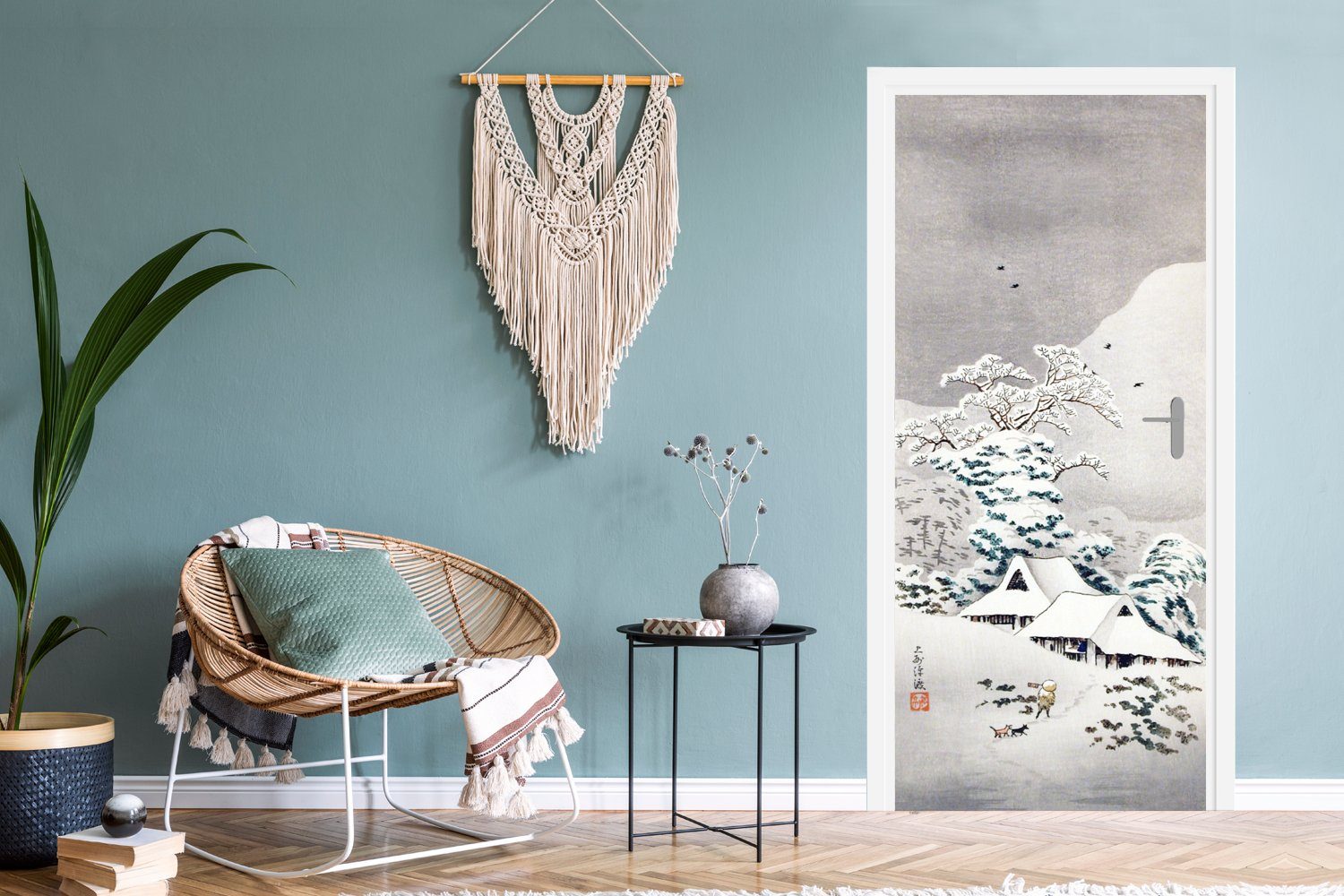 bedruckt, Türaufkleber, - 75x205 cm (1 Fototapete für Tür, Japan Türtapete Schnee, MuchoWow Matt, St), Malerei -