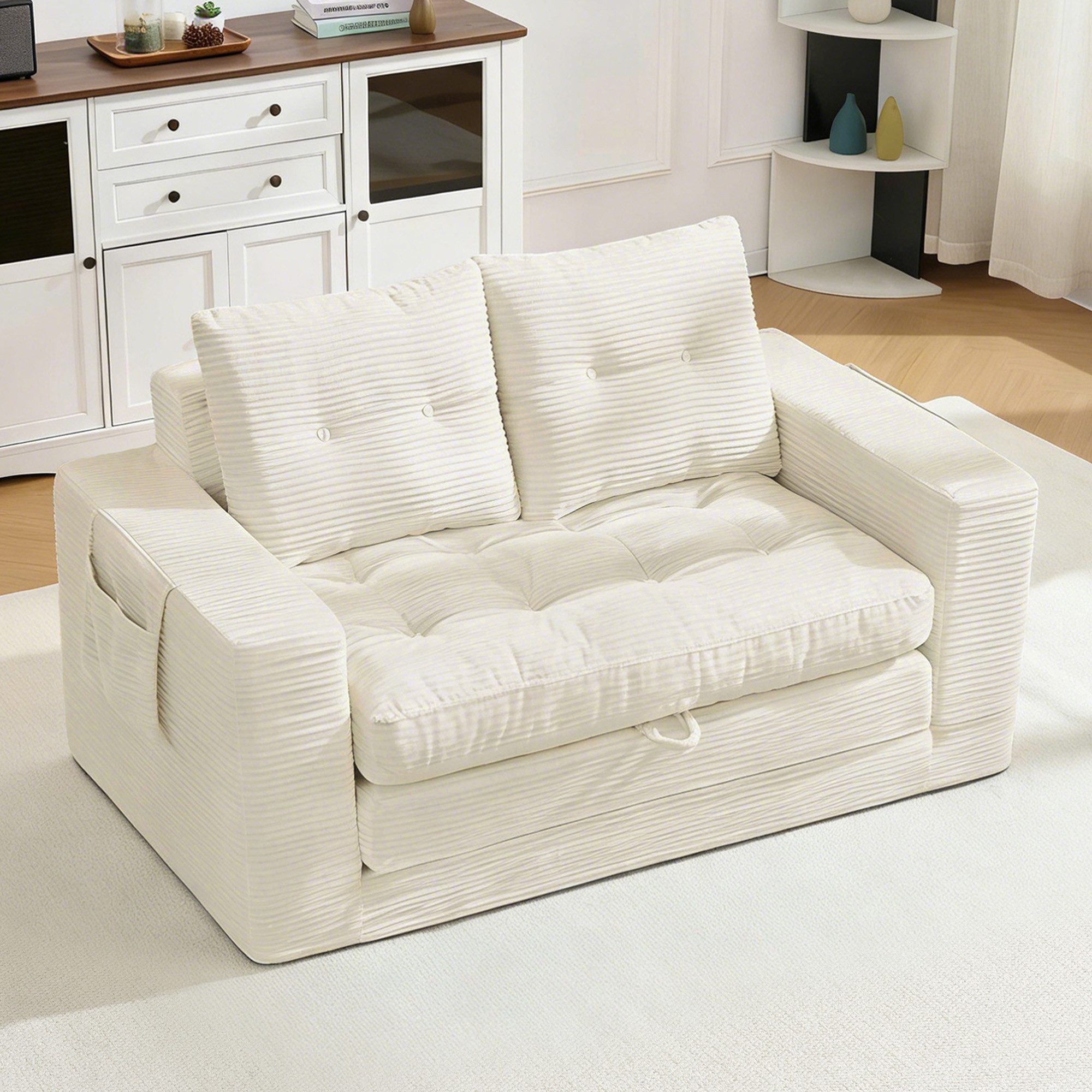 HAUSS SPOLE Loungesofa Zweisitzer mit Seitentaschen,Klappsofa Sofabett Ausziehfunktion,Beige, Polstermöbel Schlafsofa mit seitlichen Aufbewahrungstaschen und integrierten Getränkehaltern, Schlafsofa mit seitlichen Taschen und integrierten Getränkehaltern