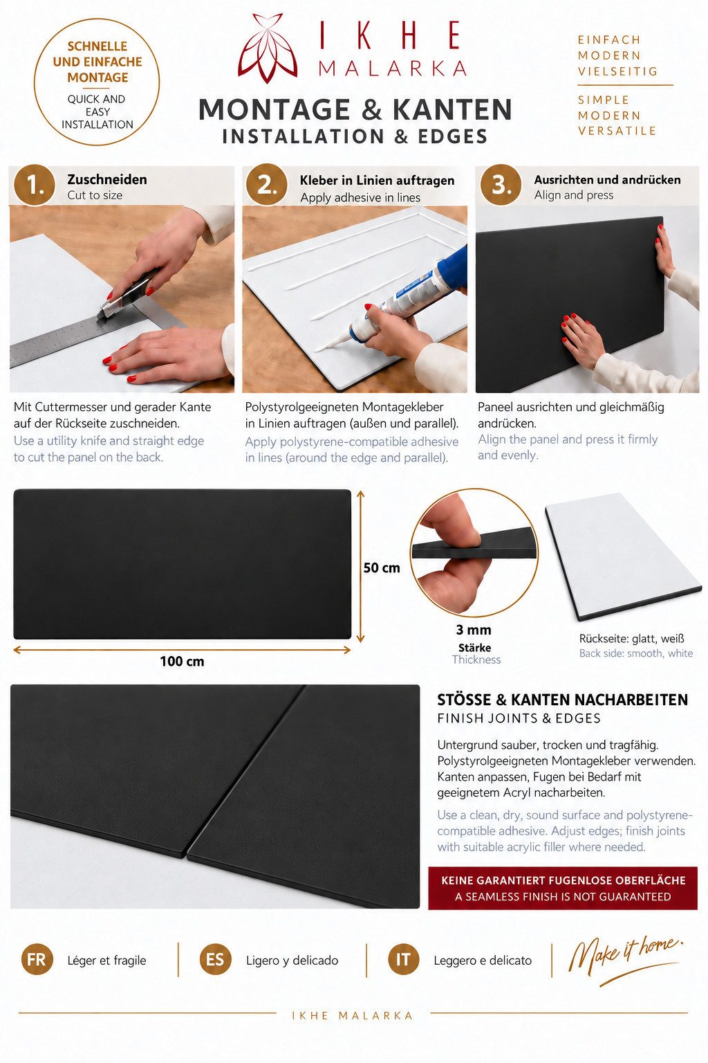 IKHEMalarka 3D Wandpaneel Betonoptik Marmor Ziegel aus Polystyrol Styropor XPS, BxL: 50,00x100,00 cm, 0,50 qm, (1 Stück, 0,5m) Deckenpaneelen - 3mm dick - 100x5 – Bild 5 von 5