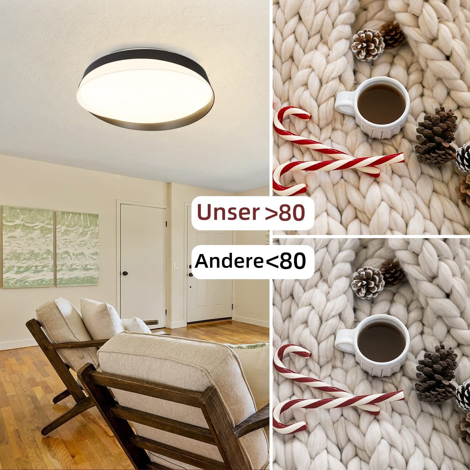 Nettlife LED Deckenleuchte Schwarz für Kaltweiß, Dimmbar integriert, mit fest 41.5CM Schlafzimmer Deckenlampe Flur Fernbedienung, 36W Treppenhaus Küche Wohnzimmer Rund Warmweiß, LED Esszimmer Neutralweiß, Modern