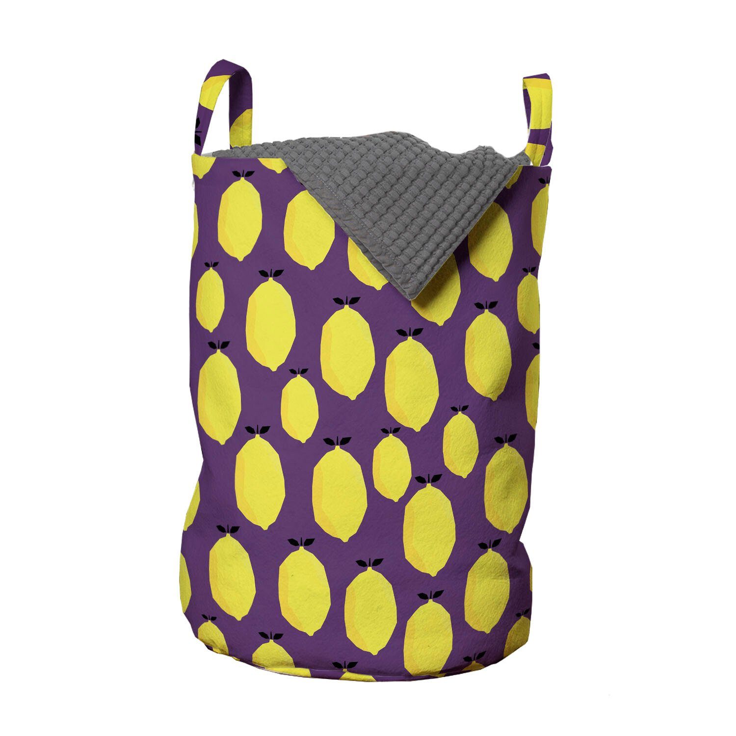 Abakuhaus Wäschesäckchen Wäschekorb mit Kordelzugverschluss Lila Griffen und Gelb für Waschsalons, Zitronen-Muster