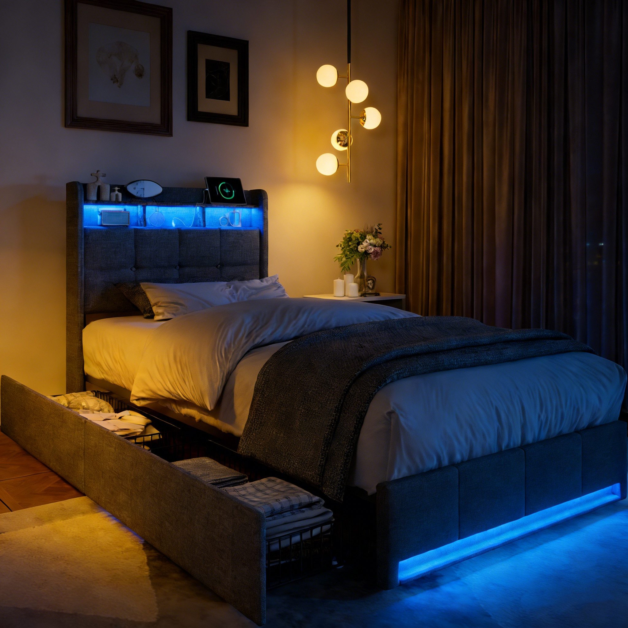 Furnishings Home Polsterbett LED Doppelbett 140x200cm, Stauraumbett mit Kopfteil und 4 Schubladen (Leinenmaterial Polsterbett mit RGB Beleuchtung), mit Lattenrost und Ladefunktion, mit Komforthöhe, Leises Design Bett