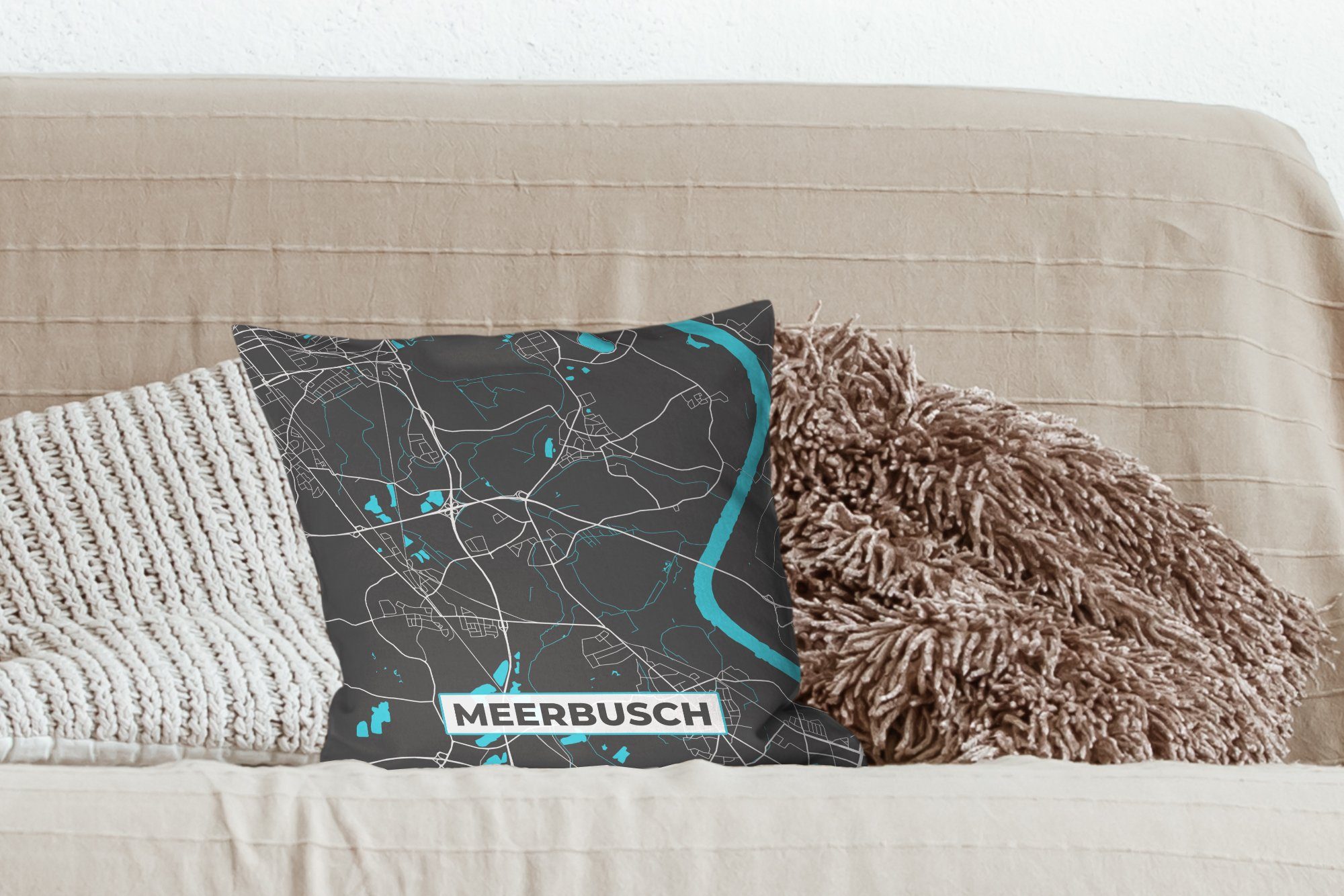 Füllung Schlafzimmer, Deutschland, - - Karte Wohzimmer, MuchoWow Meerbusch für Zierkissen Dekokissen Blau - - Sofakissen mit Deko, Stadtplan