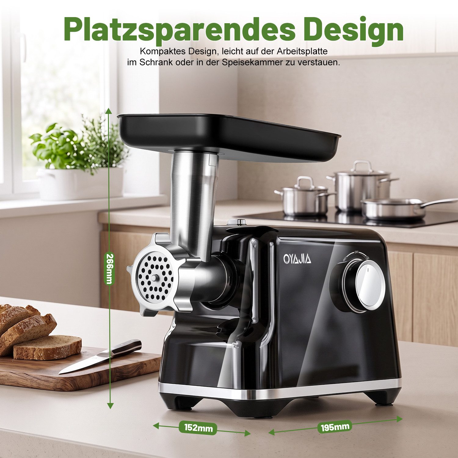 oyajia Fleischwolf 3-in-1 Elektrischer Fleischwolf mit Wurstfüller Edelstahlklingen, 2000 W, 3 Mahlplatten & Kubbe-Zubehör,Klein für Haushalt & Einfach zu Reinigen